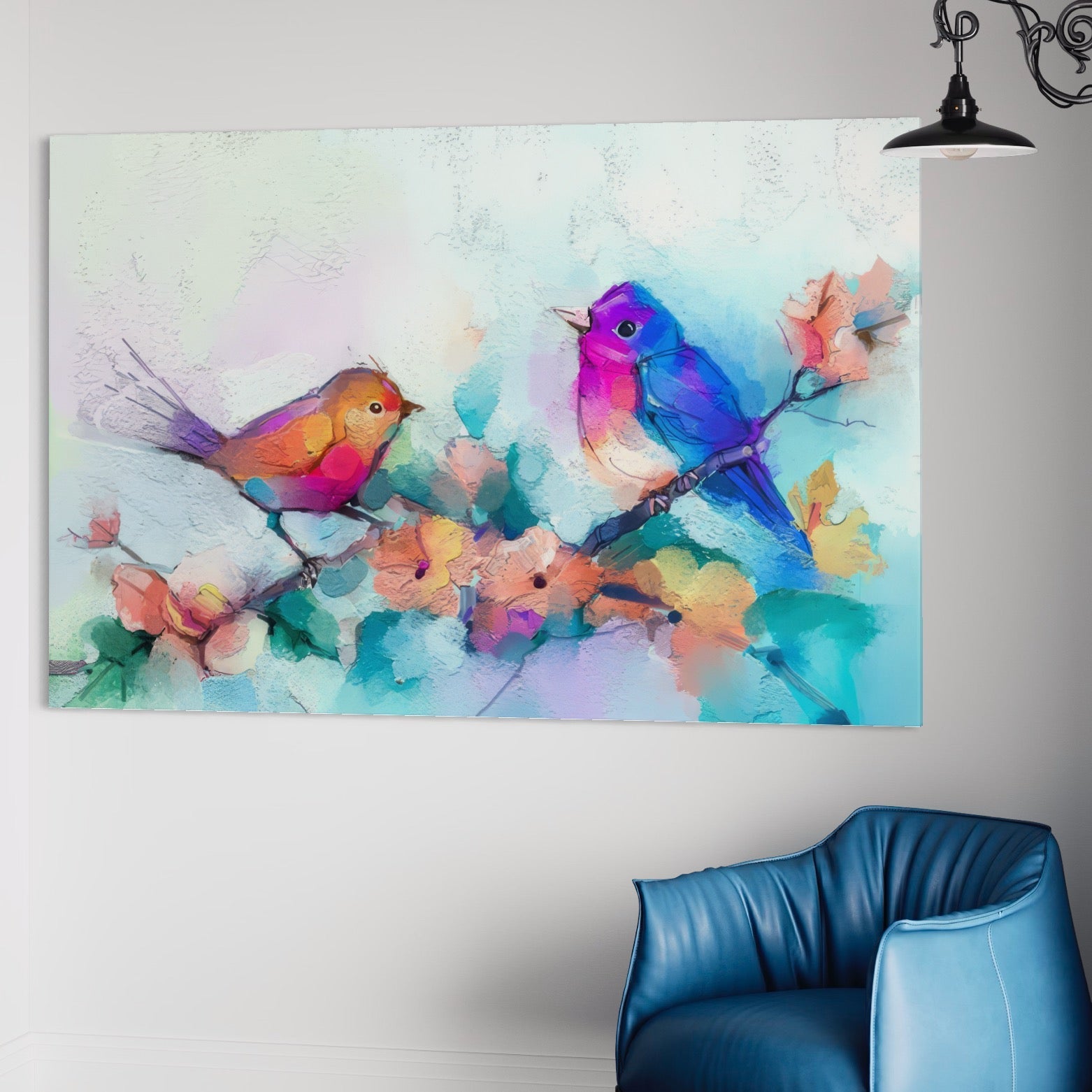 Tablou Canvas Premium LuxCanva® A1335, Two Birds ,  Living, Pasari, Flori, Multicolor, Dormitor, Culori Vibrante