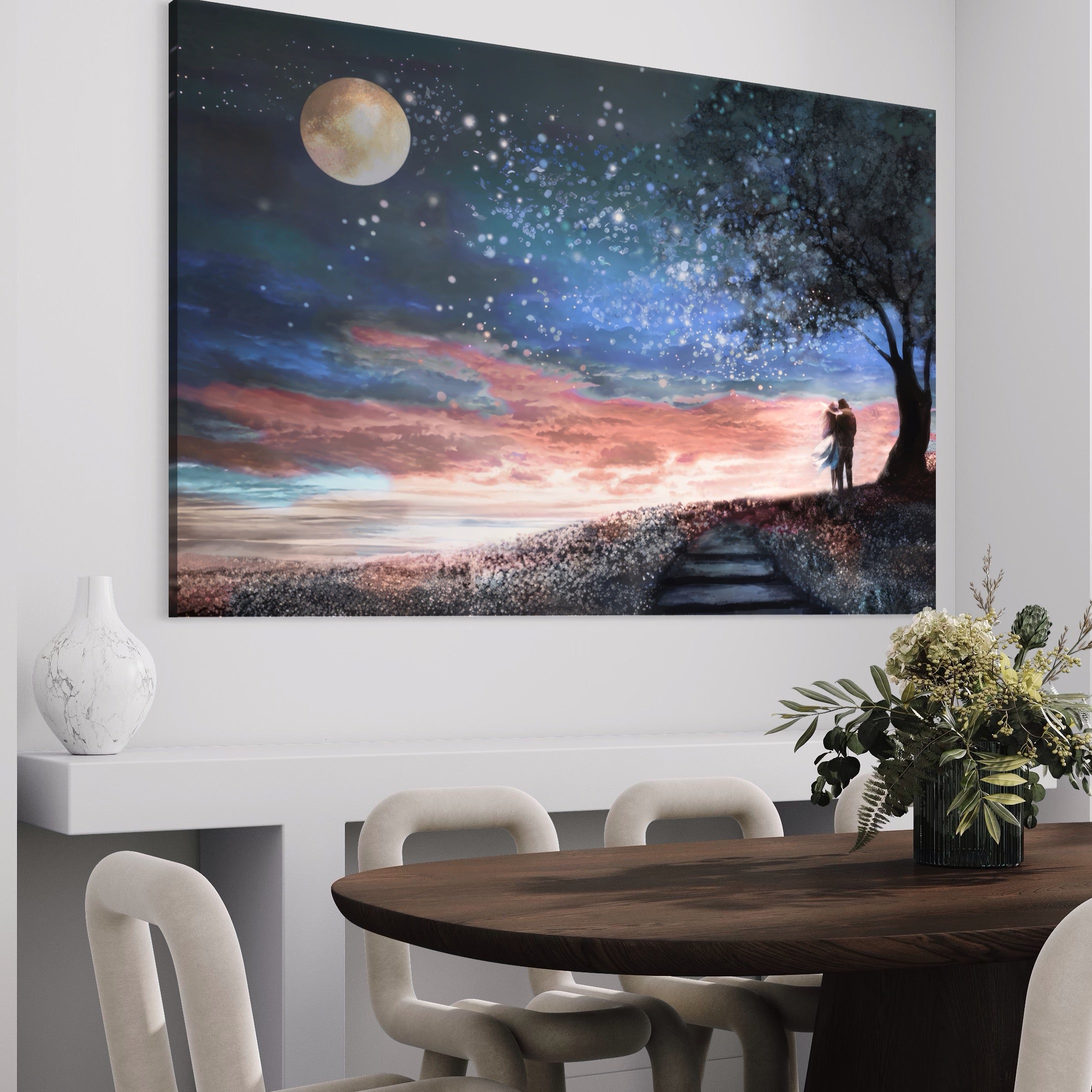Tablou Canvas Premium LuxCanva® A1328, Romantic Couple , Living, Iubire, Cuplu, Luna, Stele, Dormitor, Culori Vibrante