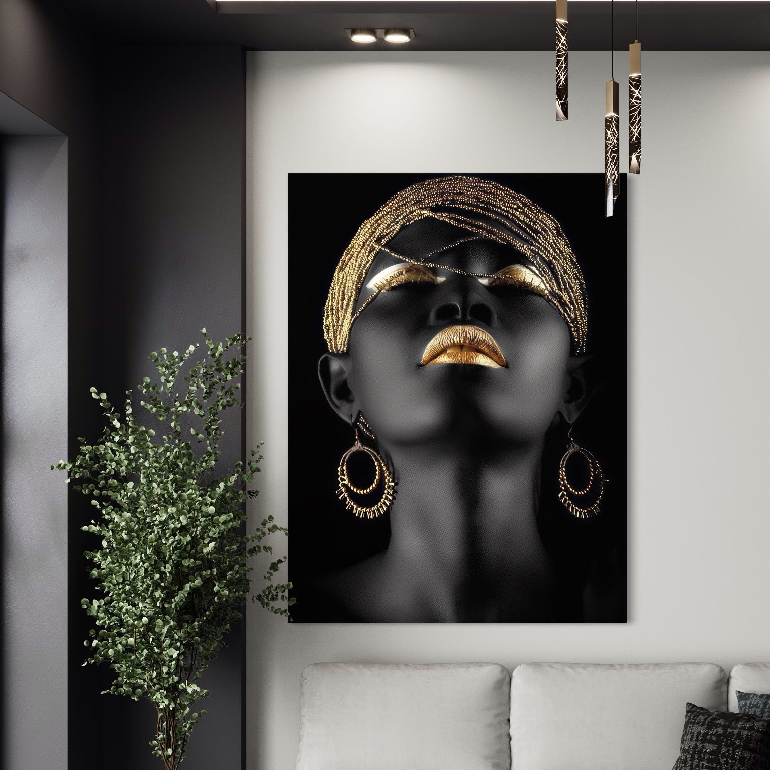 Tablou Canvas Premium LuxCanva® A1319, Black Woman , Living, Femeie, Auriu, Africa, Dormtior, Culori Vibrante