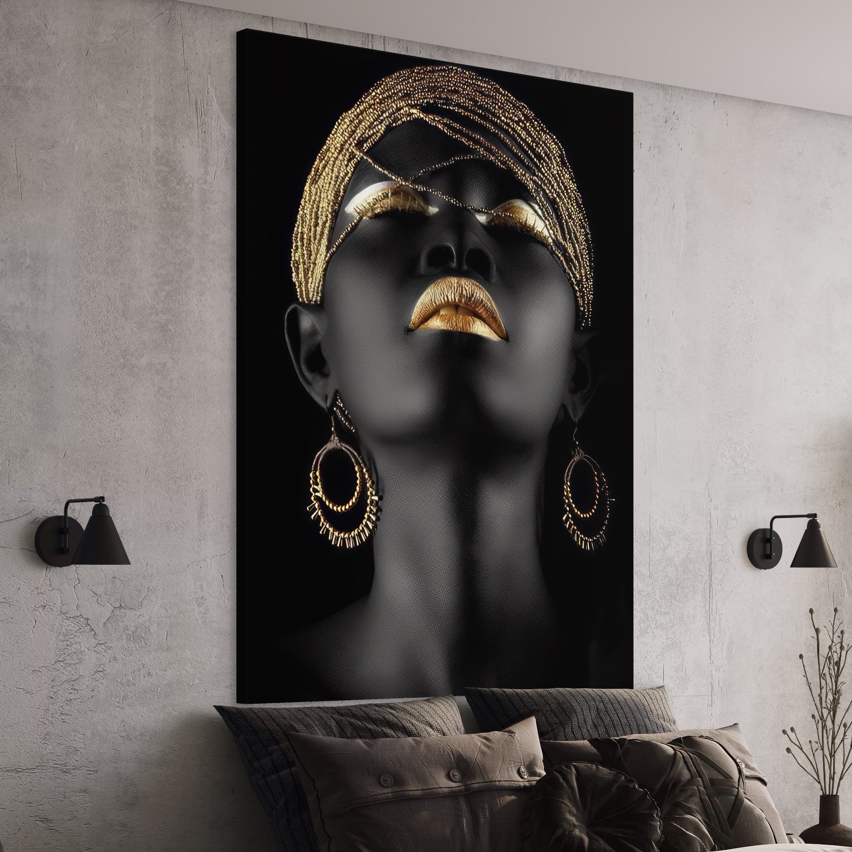 Tablou Canvas Premium LuxCanva® A1319, Black Woman , Living, Femeie, Auriu, Africa, Dormtior, Culori Vibrante