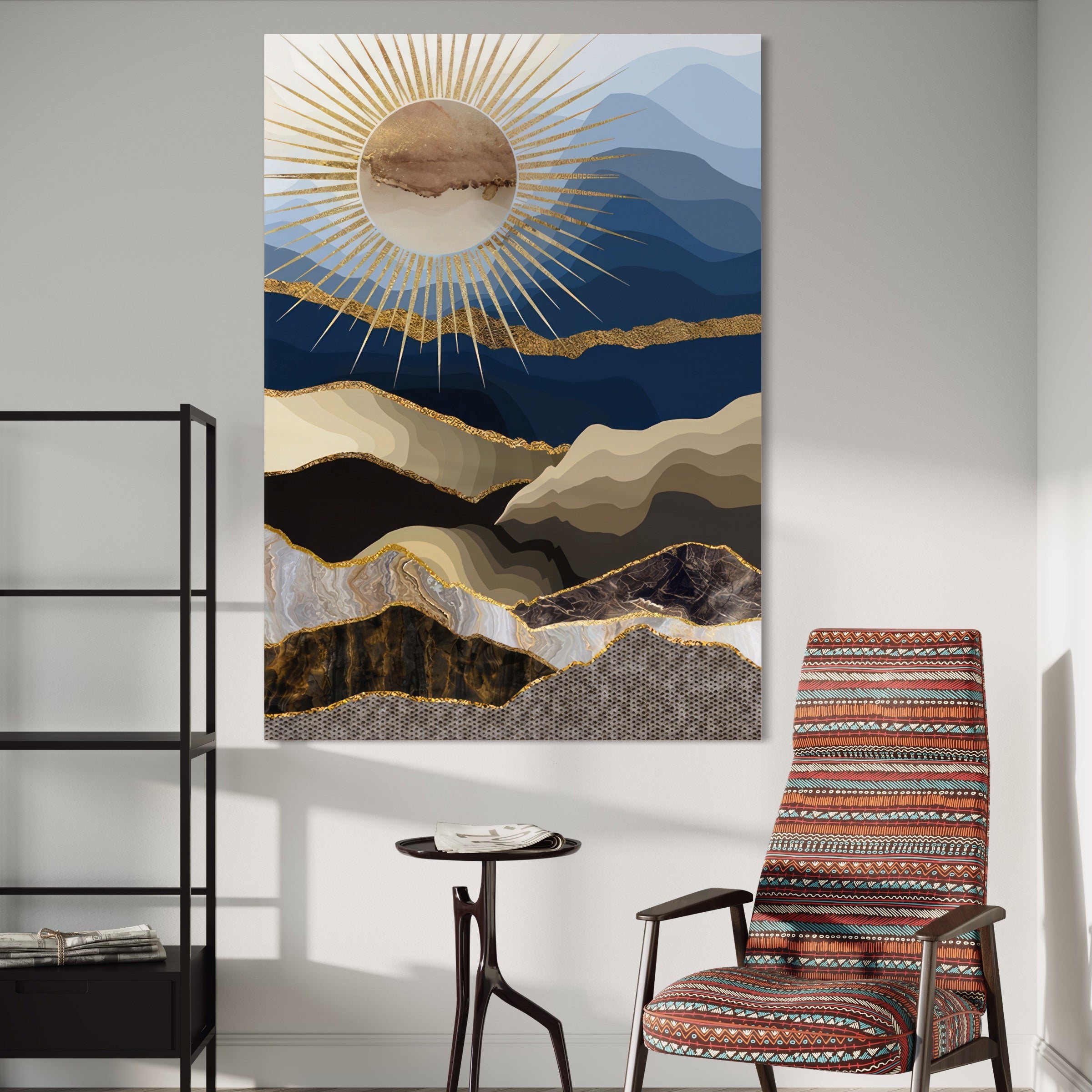 Tablou Canvas Premium LuxCanva® A1318, Abstract Mountain ,  Living, Munte, Soare, Auriu, Dormtior, Culori Vibrante