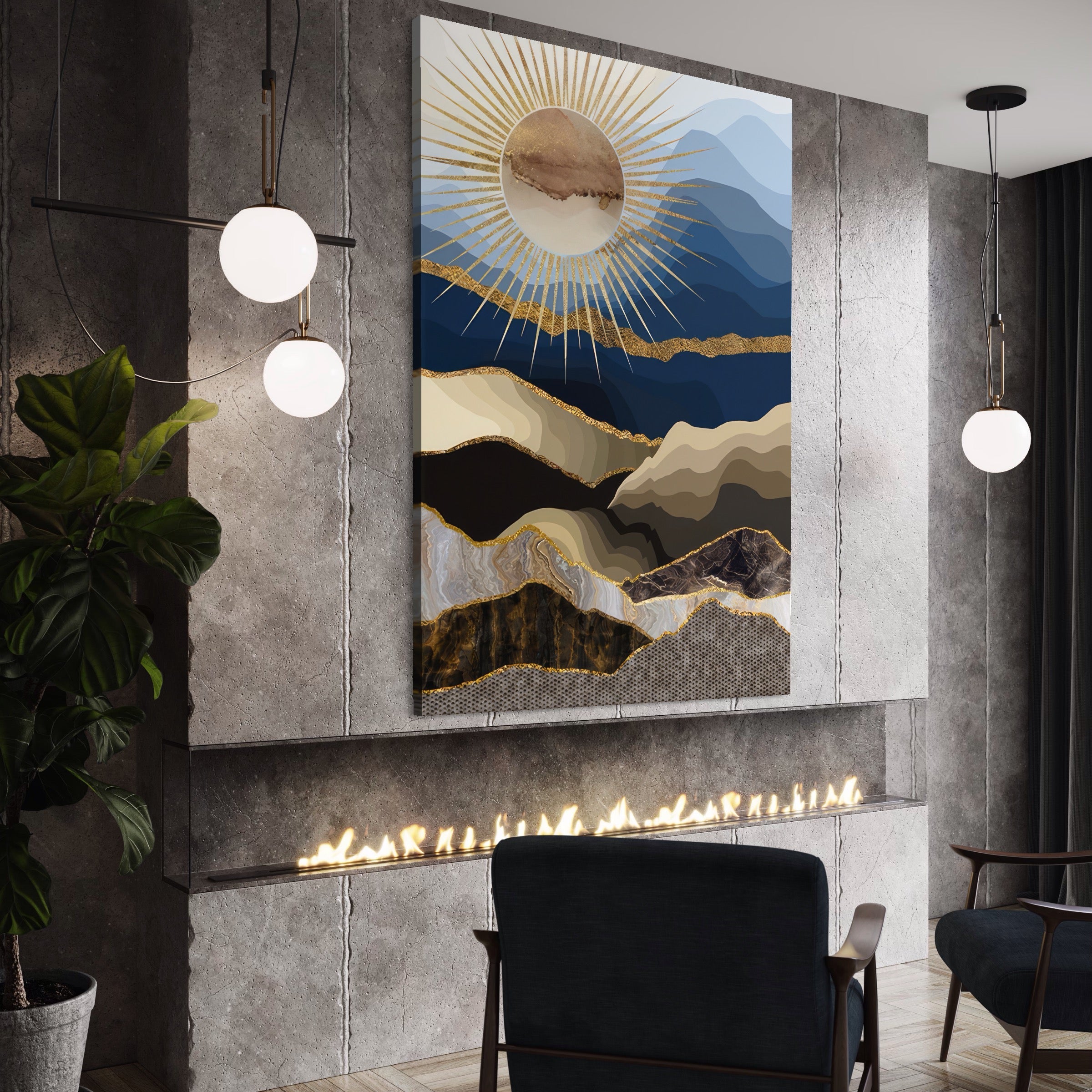 Tablou Canvas Premium LuxCanva® A1318, Abstract Mountain ,  Living, Munte, Soare, Auriu, Dormtior, Culori Vibrante