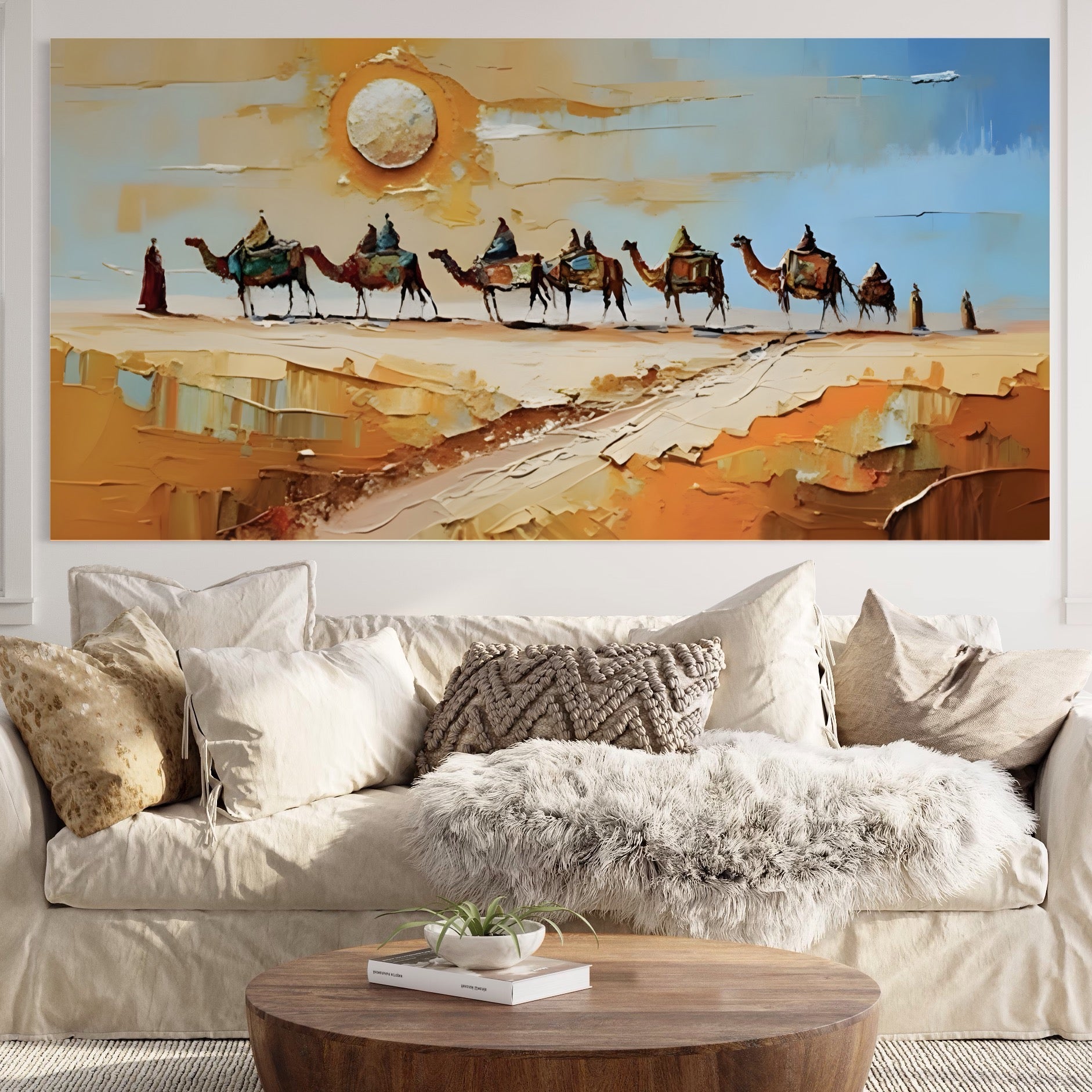 Tablou Canvas Premium LuxCanva® A1313, Plimbare Prin Desert , Living, Camile, Nisip, Soare, Sahara, Dormitor, Culori Vibrante