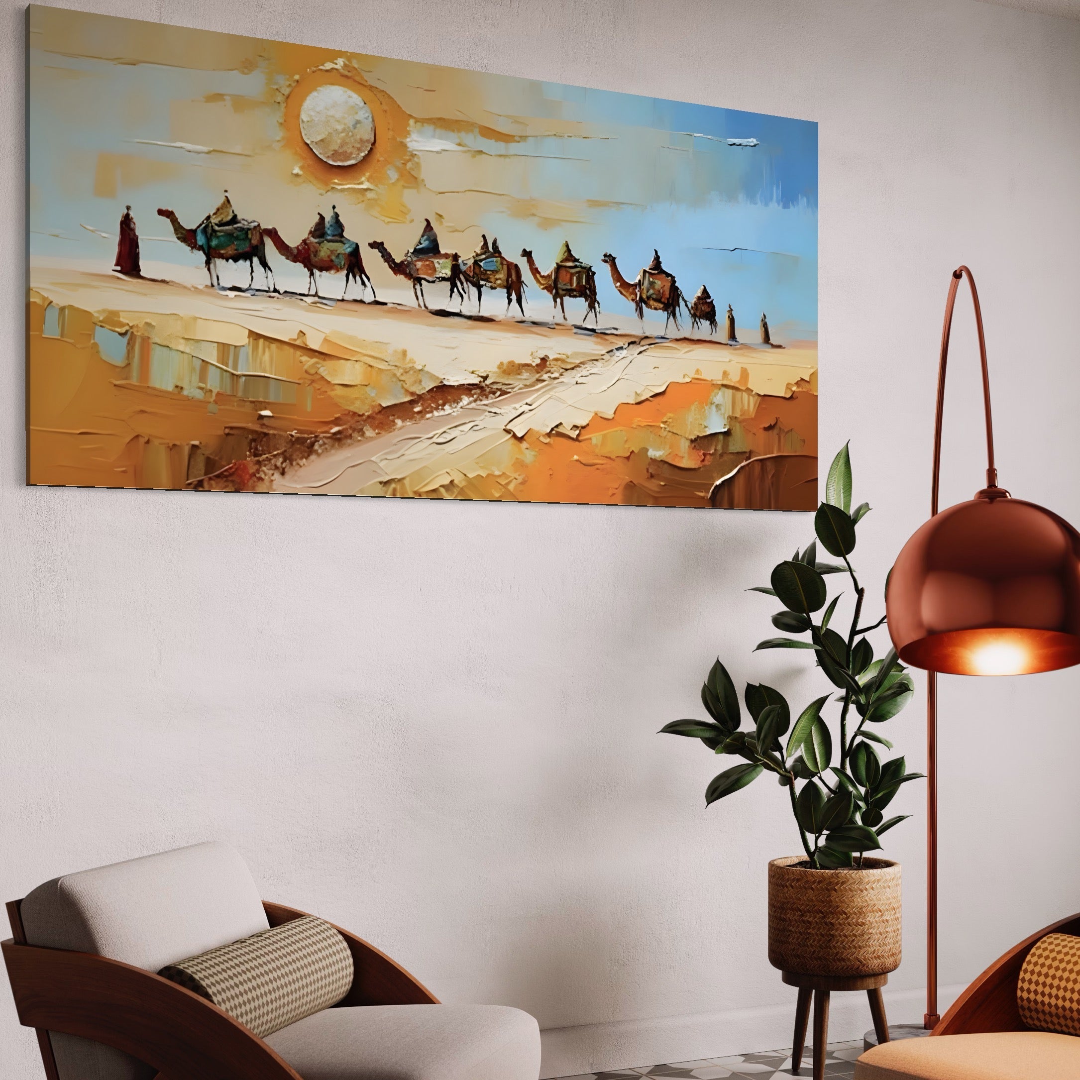 Tablou Canvas Premium LuxCanva® A1313, Plimbare Prin Desert , Living, Camile, Nisip, Soare, Sahara, Dormitor, Culori Vibrante