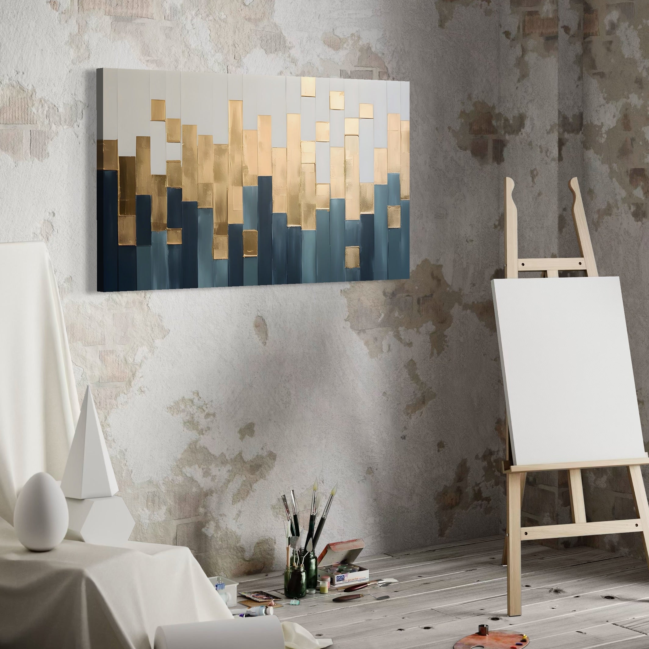 Tablou Canvas Premium LuxCanva® A1630, Mozaic Auriu , Living, Patrate, Turcoaz, Ploaie, Decorativ, Dormitor, Culori Vibrante