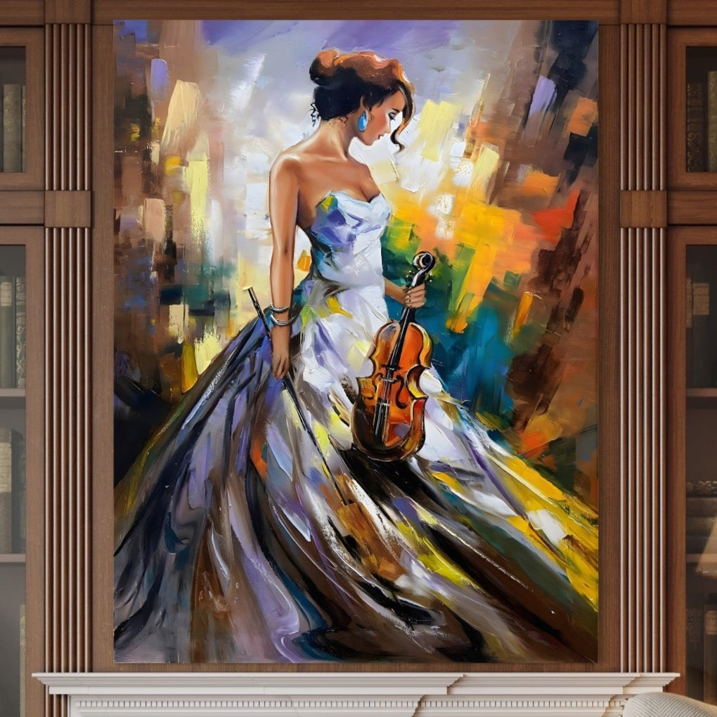 Tablou Canvas Premium LuxCanva® A1306, Fata Cu Vioara , Living, Femeie, Frumusete, Eleganta, Instrument Muzical, Dormitor, Culori Vibrante