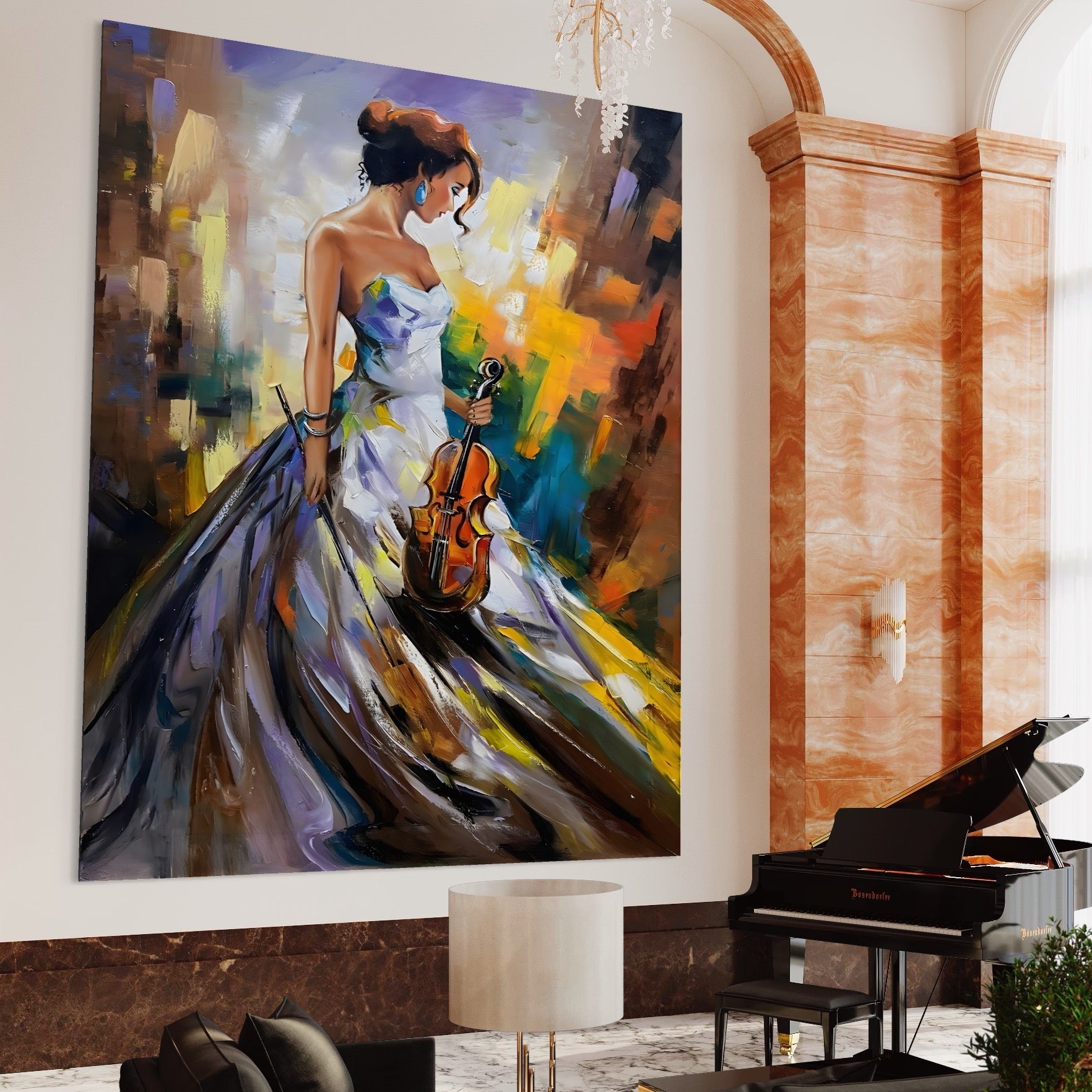 Tablou Canvas Premium LuxCanva® A1306, Fata Cu Vioara , Living, Femeie, Frumusete, Eleganta, Instrument Muzical, Dormitor, Culori Vibrante