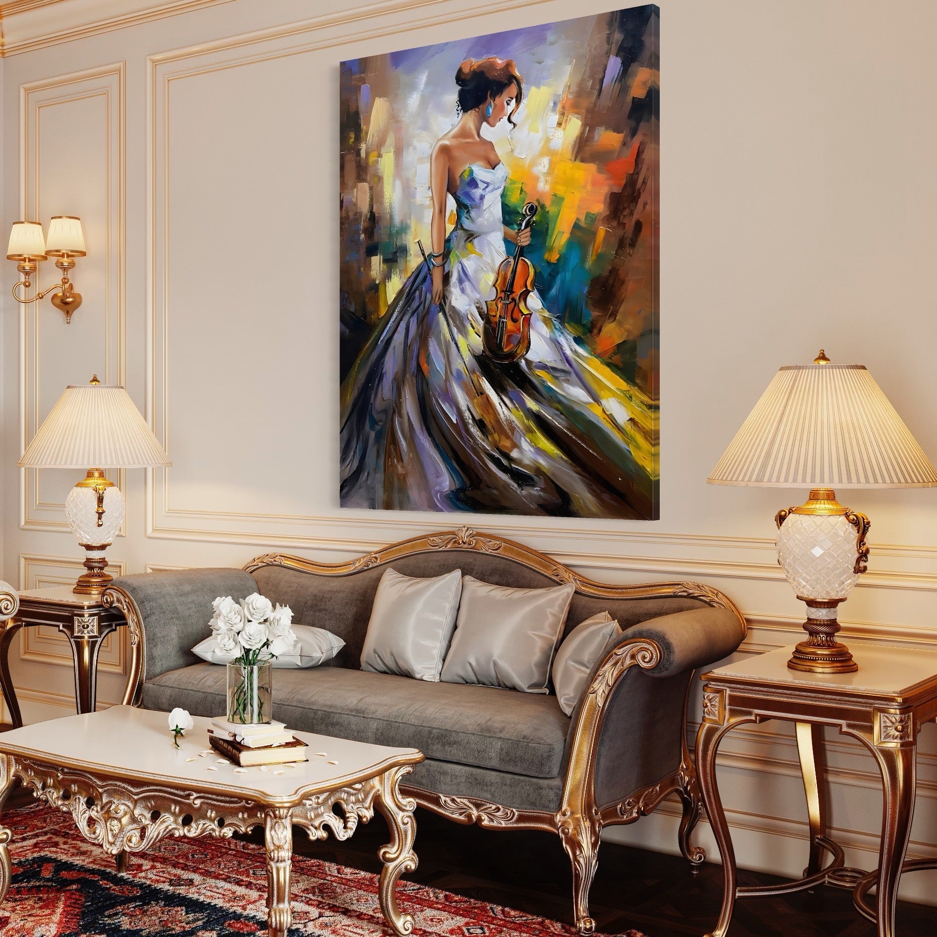 Tablou Canvas Premium LuxCanva® A1306, Fata Cu Vioara , Living, Femeie, Frumusete, Eleganta, Instrument Muzical, Dormitor, Culori Vibrante