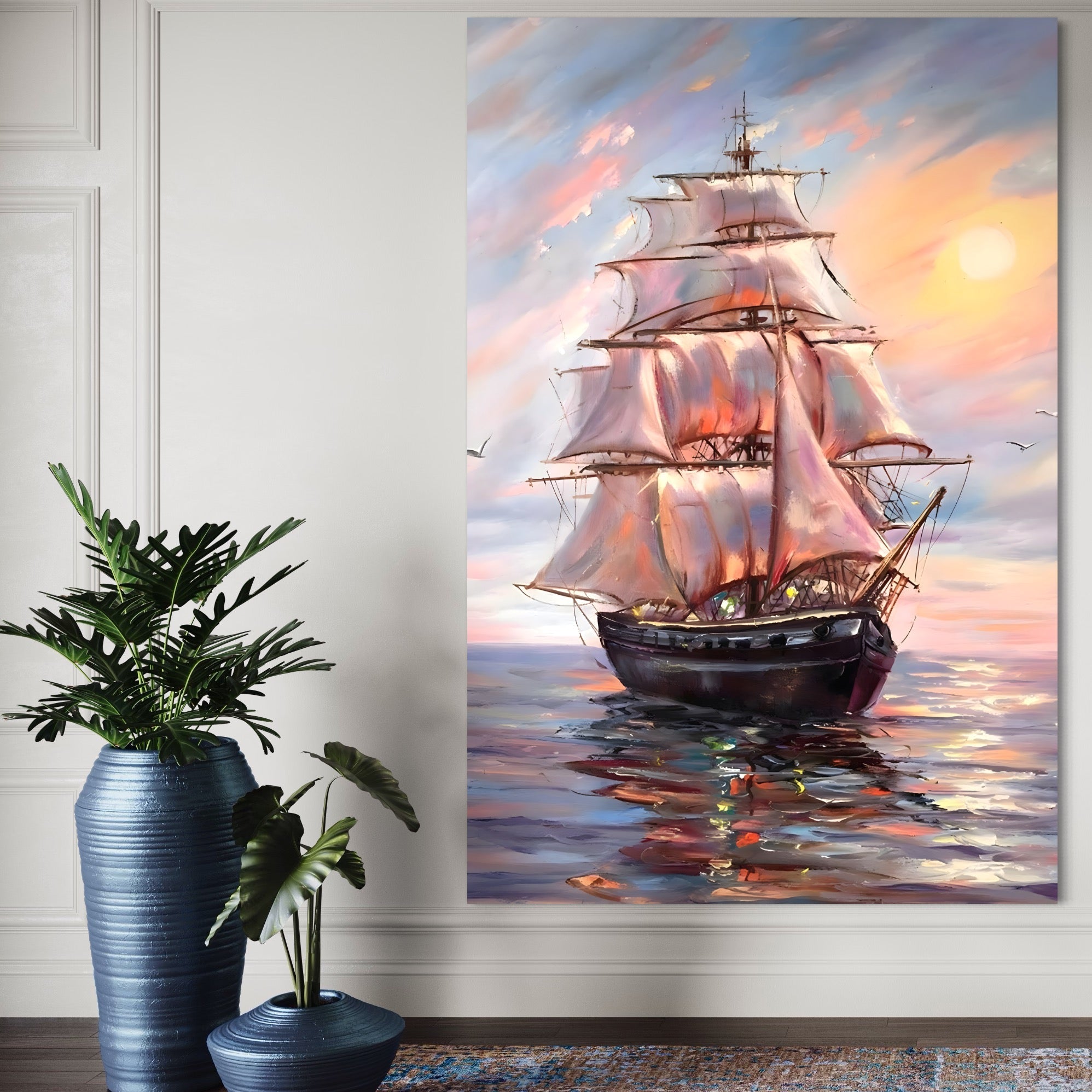 Tablou Canvas Premium LuxCanva® A1304, Vapor Pe Mare, Living, Vele, Rasarit, Pasari, Catarg, Dormitor, Culori Vibrante