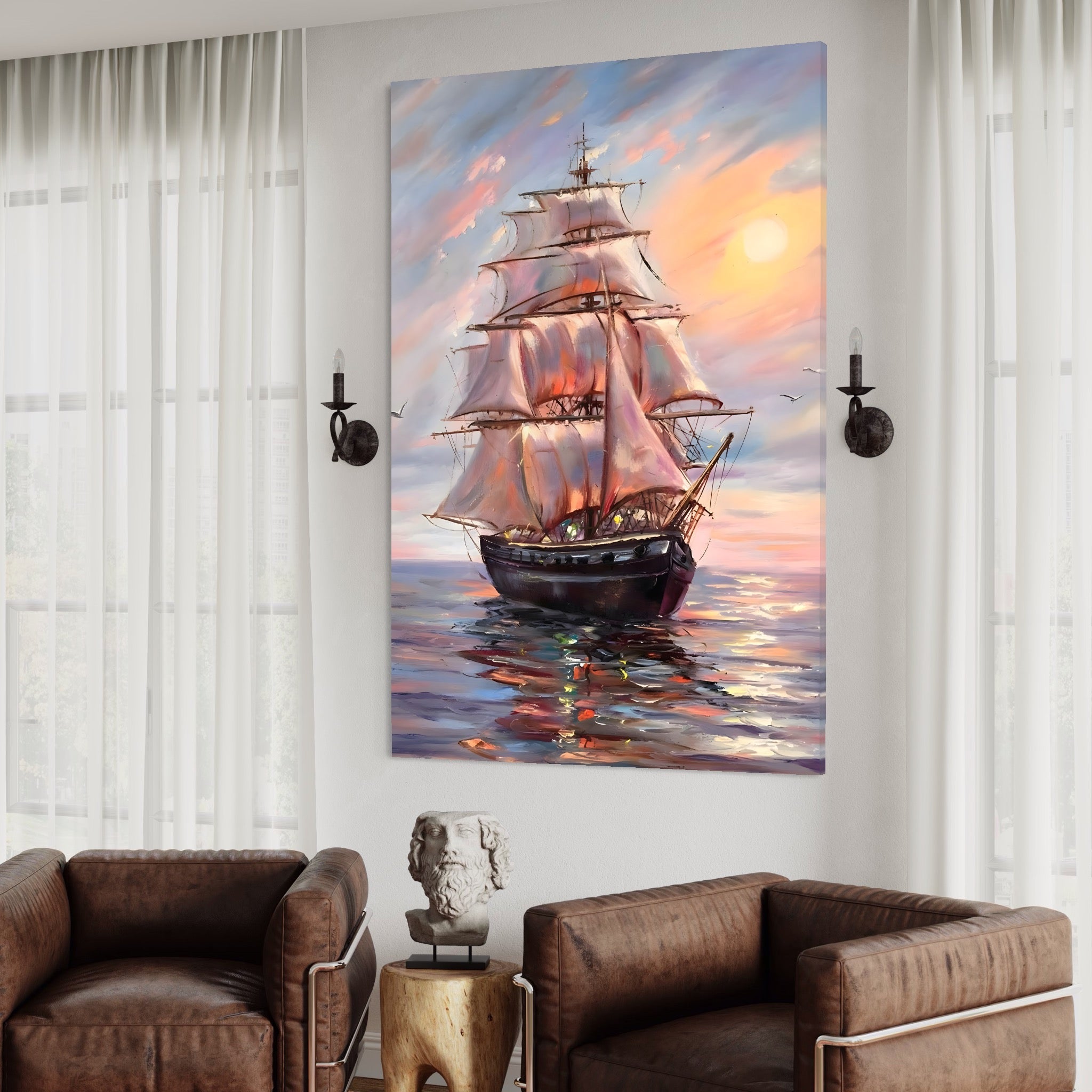 Tablou Canvas Premium LuxCanva® A1304, Vapor Pe Mare, Living, Vele, Rasarit, Pasari, Catarg, Dormitor, Culori Vibrante