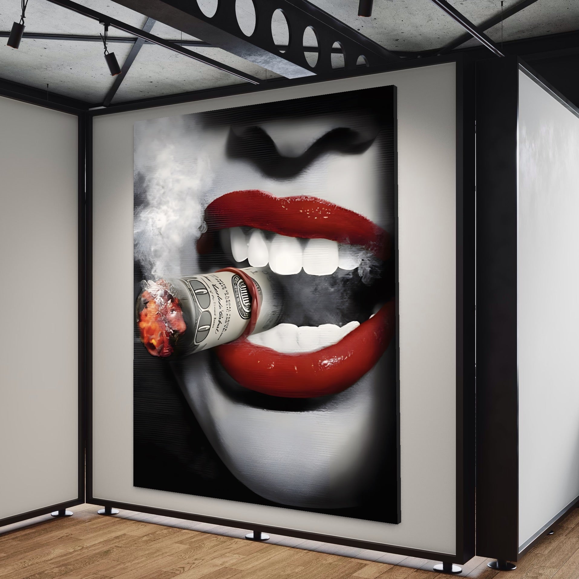 Tablou Canvas Premium LuxCanva® A1301, Dollar Cigarette, Living, Buze Rosii, Femeie, Fum, Cash, Dressing, Culori Vibrante
