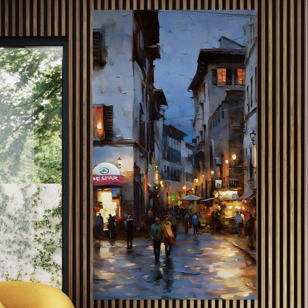 Tablou Canvas Premium LuxCanva® A1299, Prin Oras, Living, Oameni, Seara, Terase, Magazine, Cafenea, Culori Vibrante