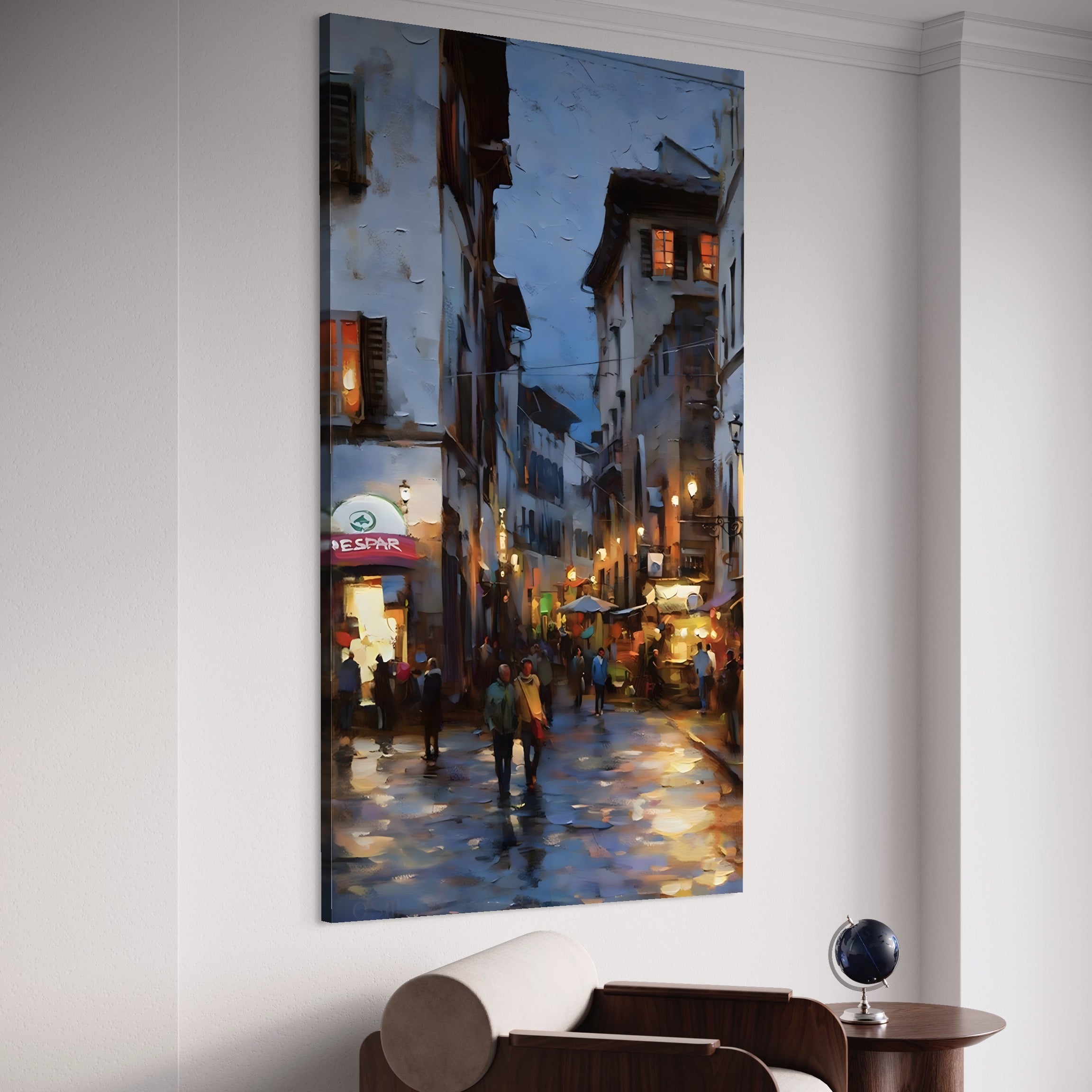 Tablou Canvas Premium LuxCanva® A1299, Prin Oras, Living, Oameni, Seara, Terase, Magazine, Cafenea, Culori Vibrante