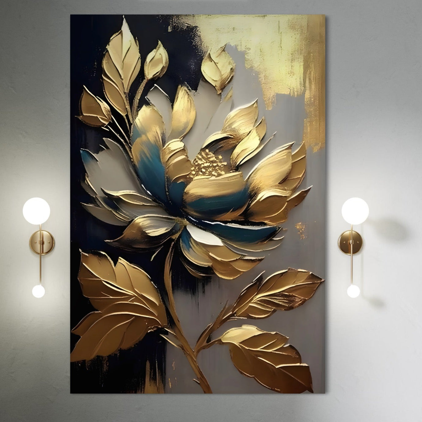 Tablou Canvas Premium LuxCanva® A1297, Gold Flowers, Living, Floare, Auriu, Frunze, Dormitor, Culori Vibrante