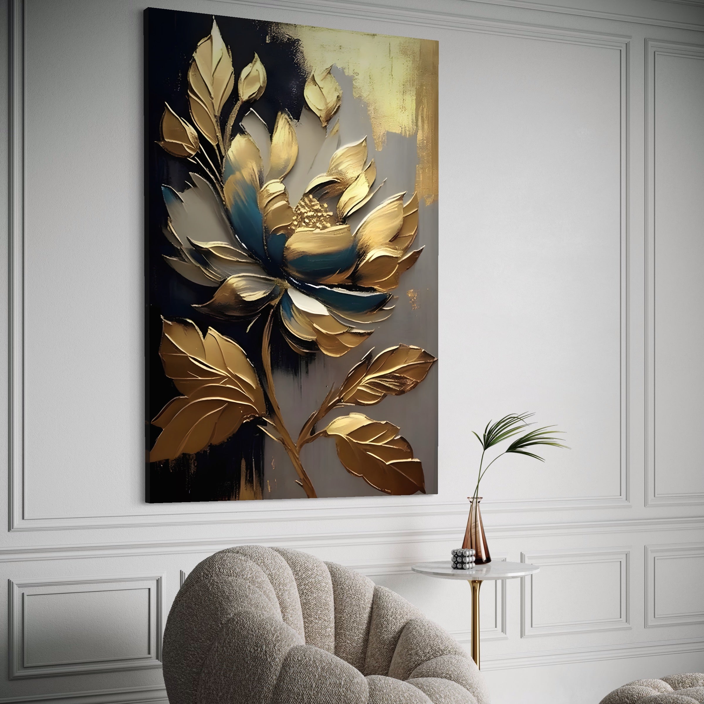 Tablou Canvas Premium LuxCanva® A1297, Gold Flowers, Living, Floare, Auriu, Frunze, Dormitor, Culori Vibrante