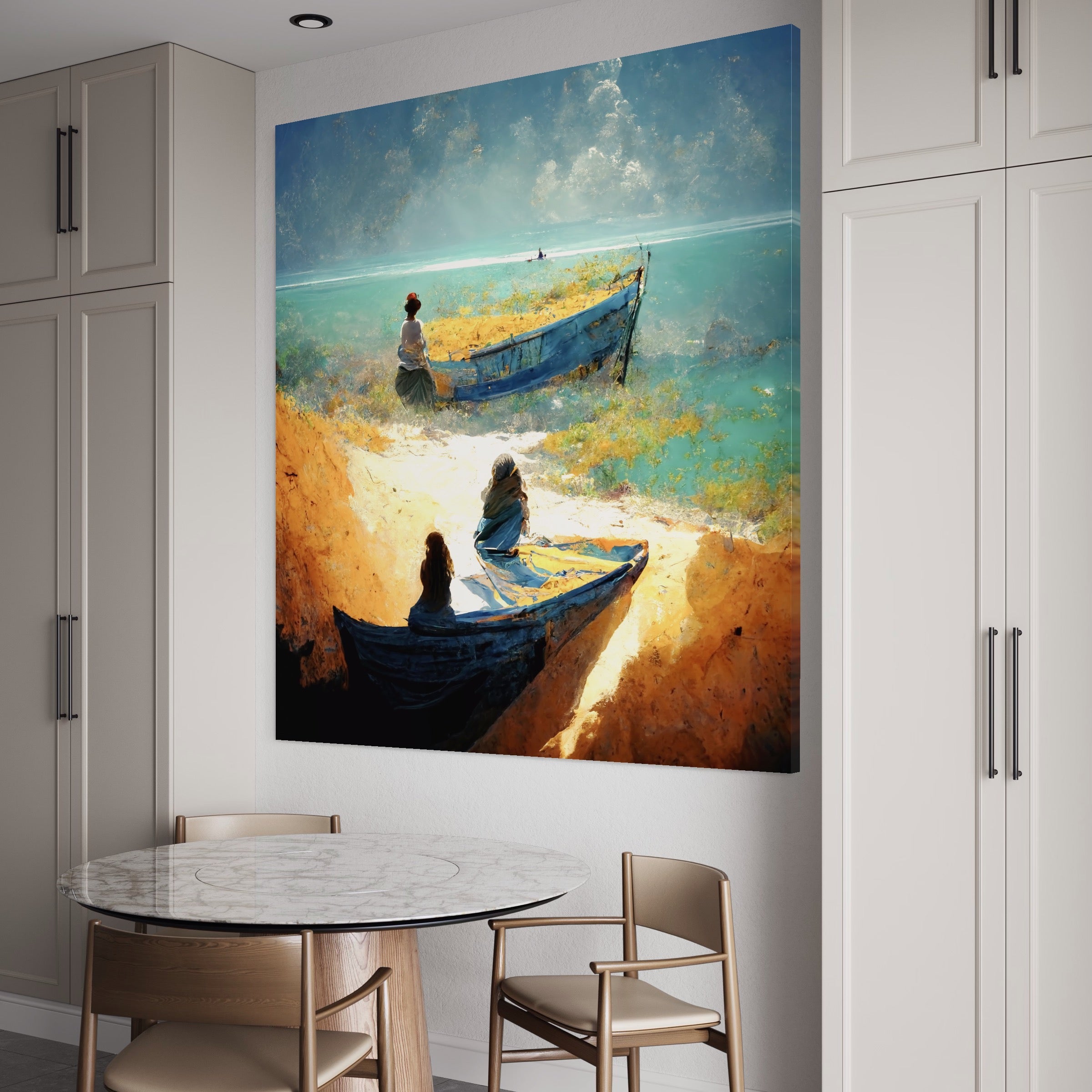 Tablou Canvas Premium LuxCanva® A1293, Women In The Boat, Living, Mare, Barci, Femei, Plaja, Dormitor, Culori Vibrante