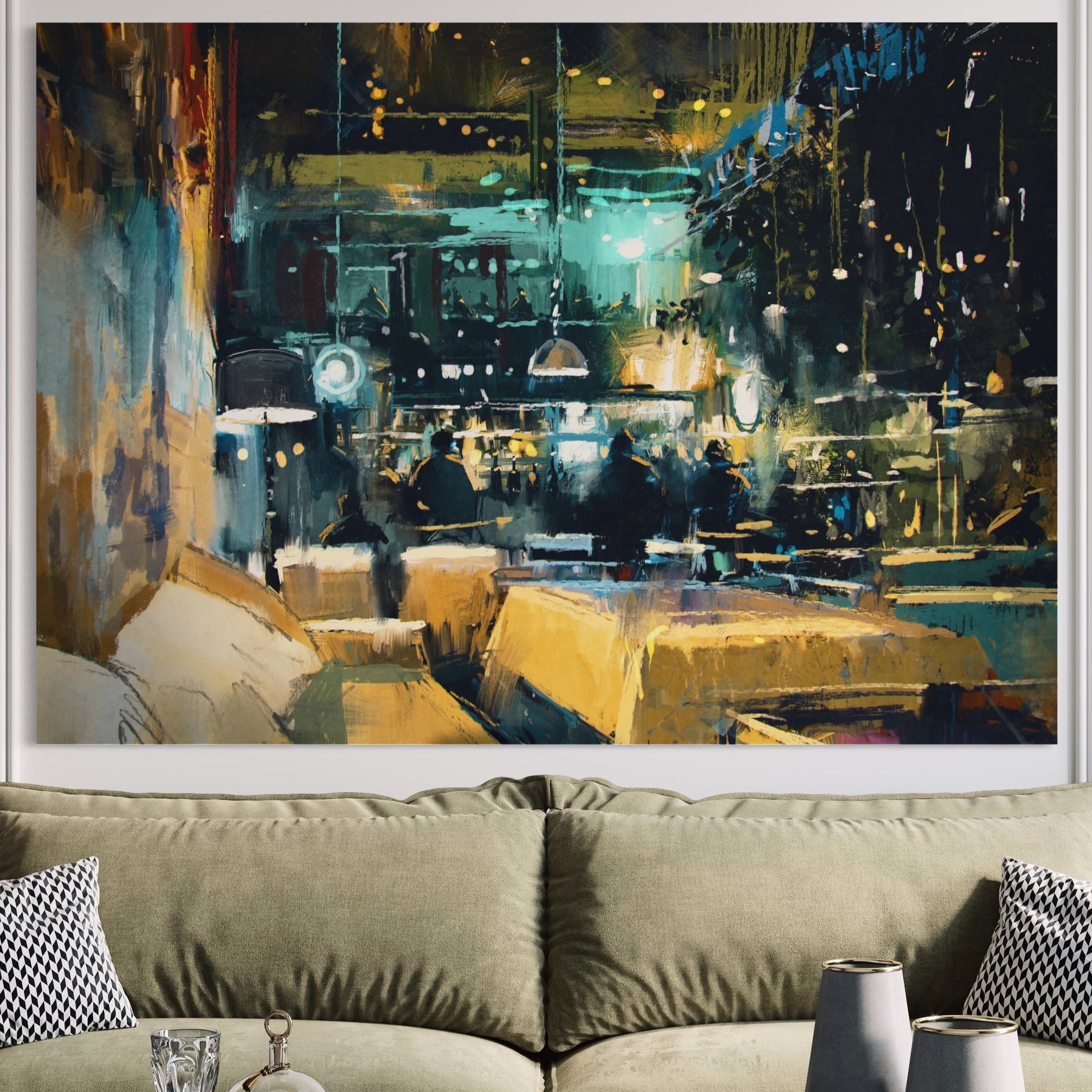 Tablou Canvas Premium LuxCanva® A1289, Night Club, Living, Oameni, Cafenea, Restaurant, Lumini, Culori Vibrante