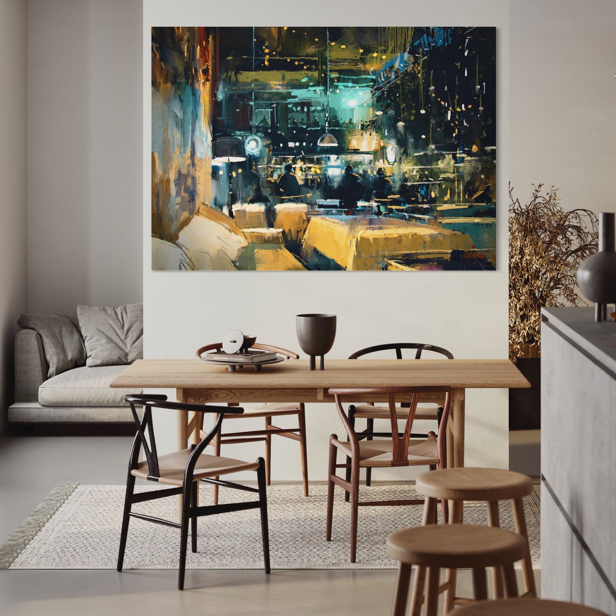 Tablou Canvas Premium LuxCanva® A1289, Night Club, Living, Oameni, Cafenea, Restaurant, Lumini, Culori Vibrante