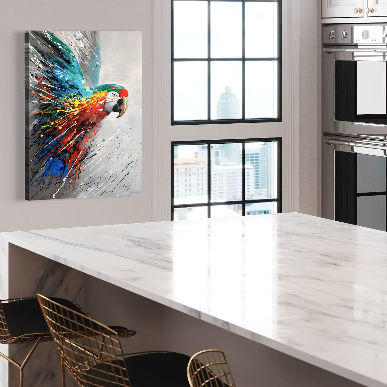 Tablou Canvas Premium LuxCanva® C1016, Papagal Zburand , Penaj Viu Colorat, Culori, Living, Camera Copilului, Birou, Relaxare, Culori Vibrante