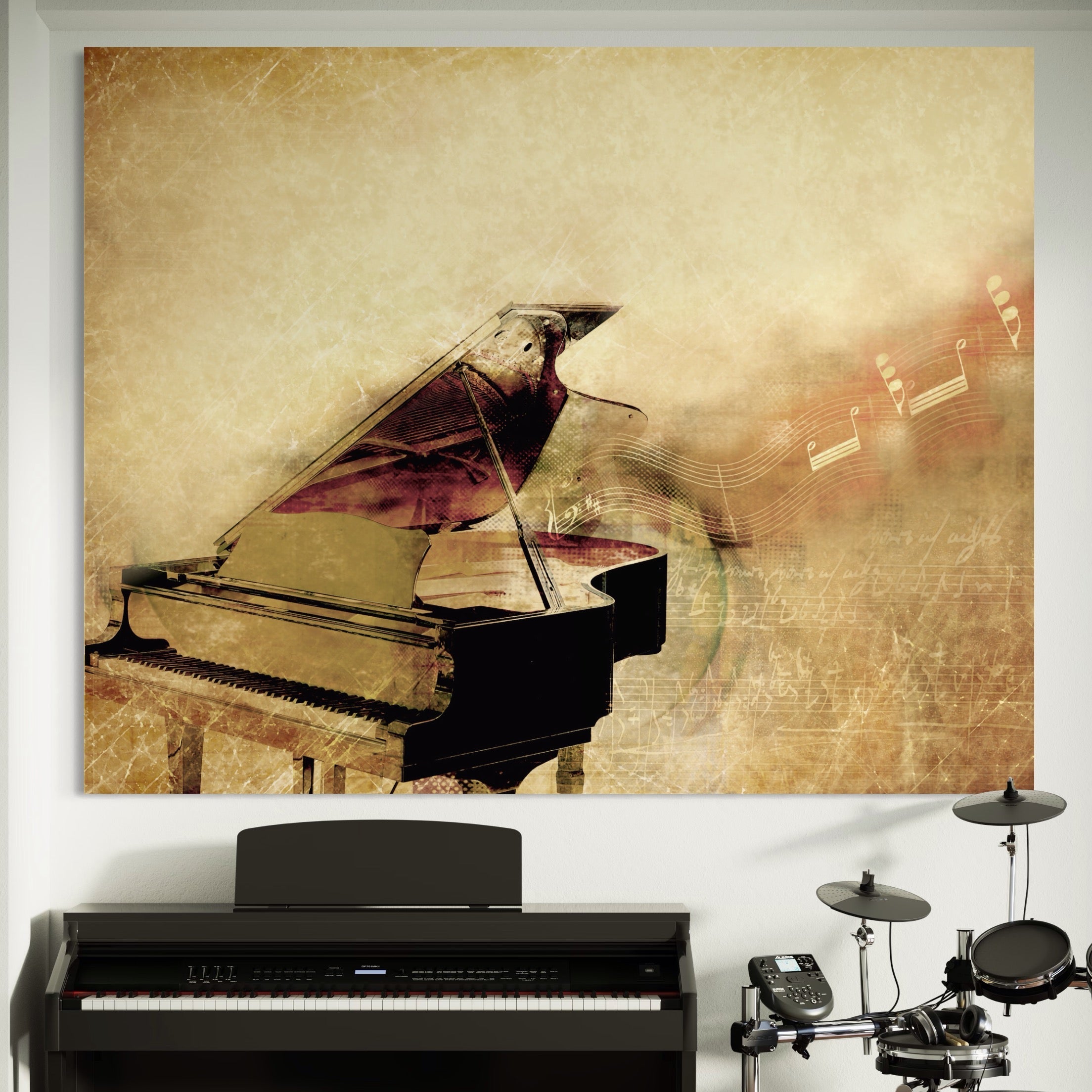 Tablou Canvas Premium LuxCanva® A1288, Pianul, Living, Instrument Muzical, Note Muzicale, Portativ, Studio, Culori Vibrante