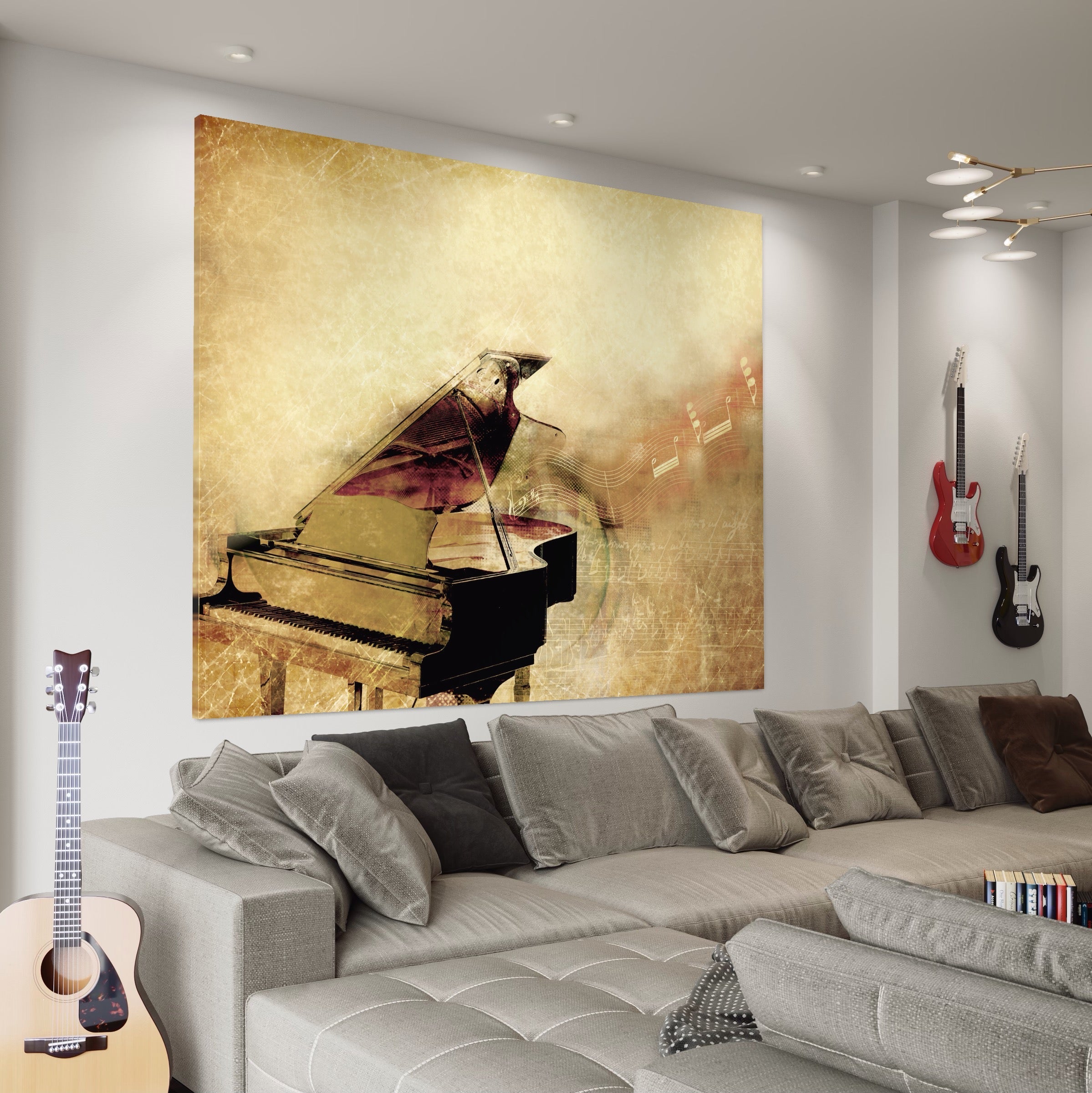 Tablou Canvas Premium LuxCanva® A1288, Pianul, Living, Instrument Muzical, Note Muzicale, Portativ, Studio, Culori Vibrante