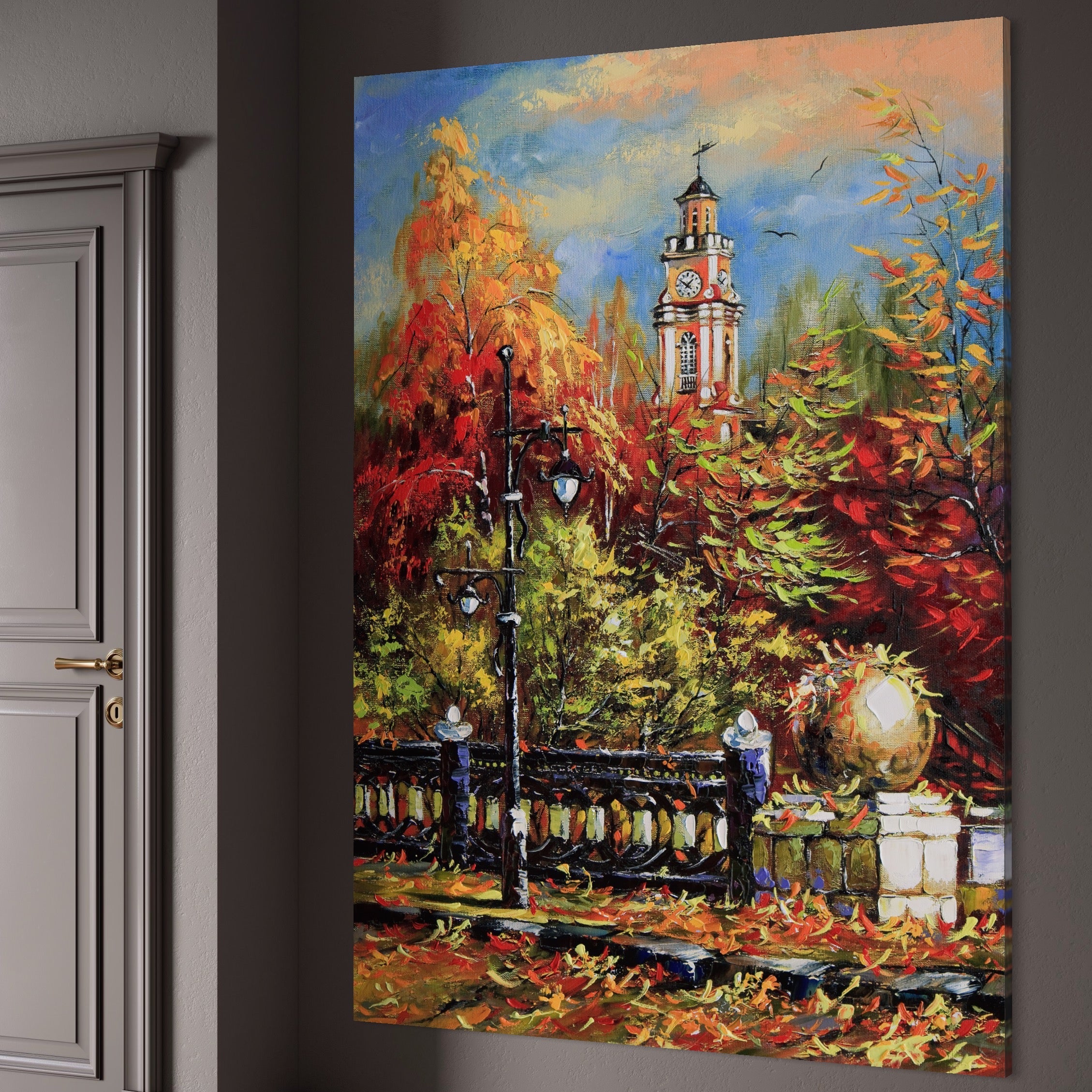 Tablou Canvas Premium LuxCanva® A1287, Cladirea Cu Ceas, Living, Toamna, Frunze, Copaci, Felinar, Dormitor, Culori Vibrante