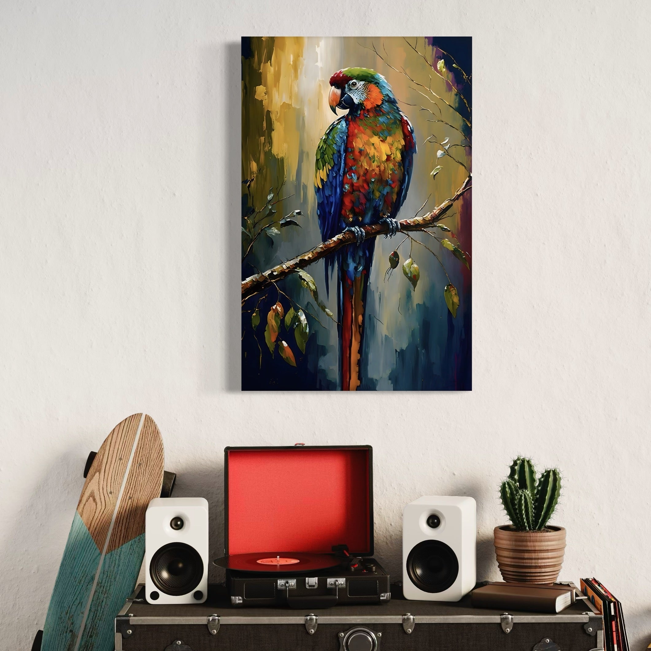 Tablou Canvas Premium LuxCanva® C1019, Papagal pe O Creanga , Culori, Camera Copilului, Dormitor, Living, Relaxare, Culori Vibrante
