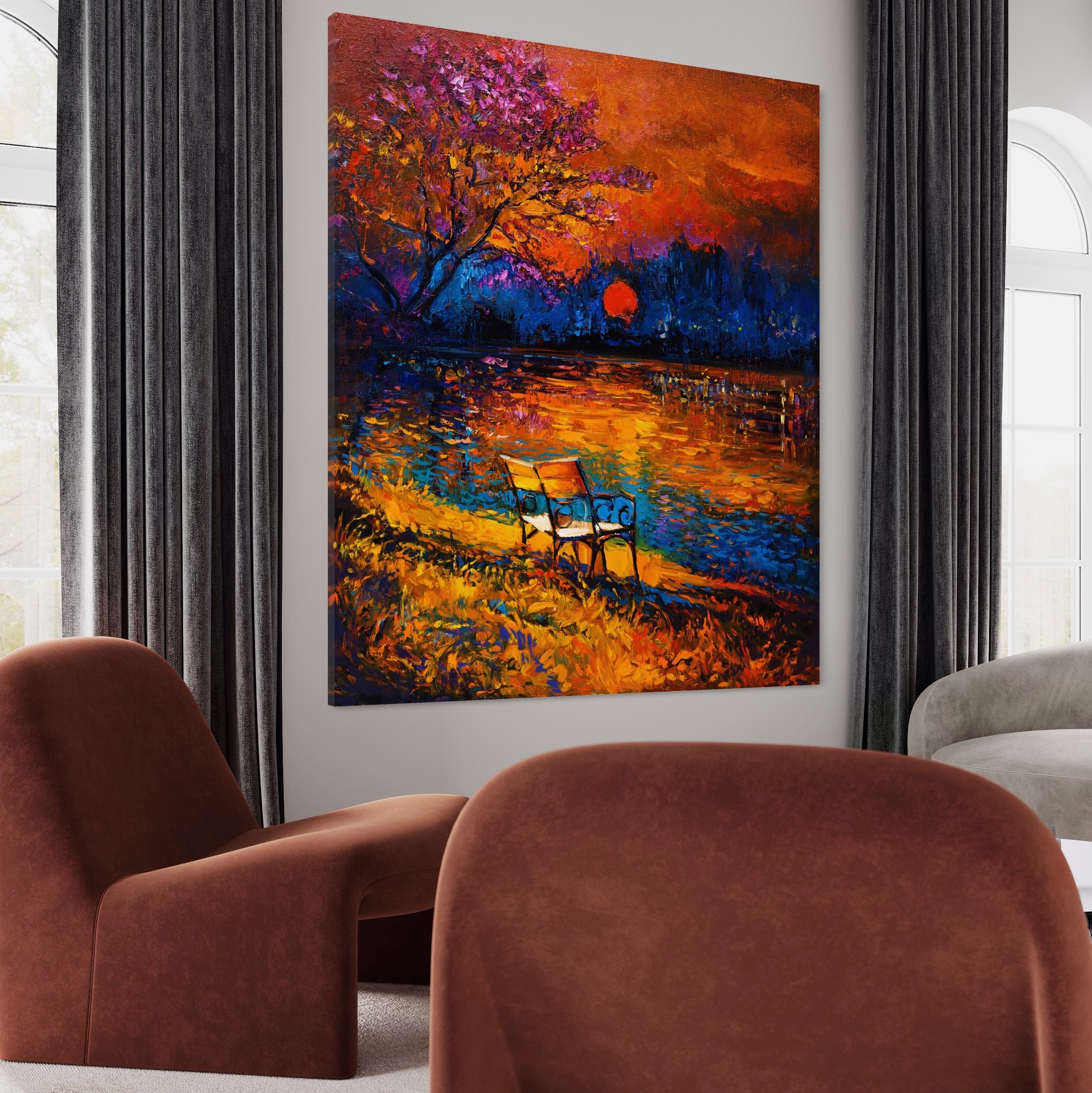 Tablou Canvas Premium LuxCanva® A1284, Luna Rosie, Living, Banca, Lac, Padure, Copac, Dormitor, Culori Vibrante