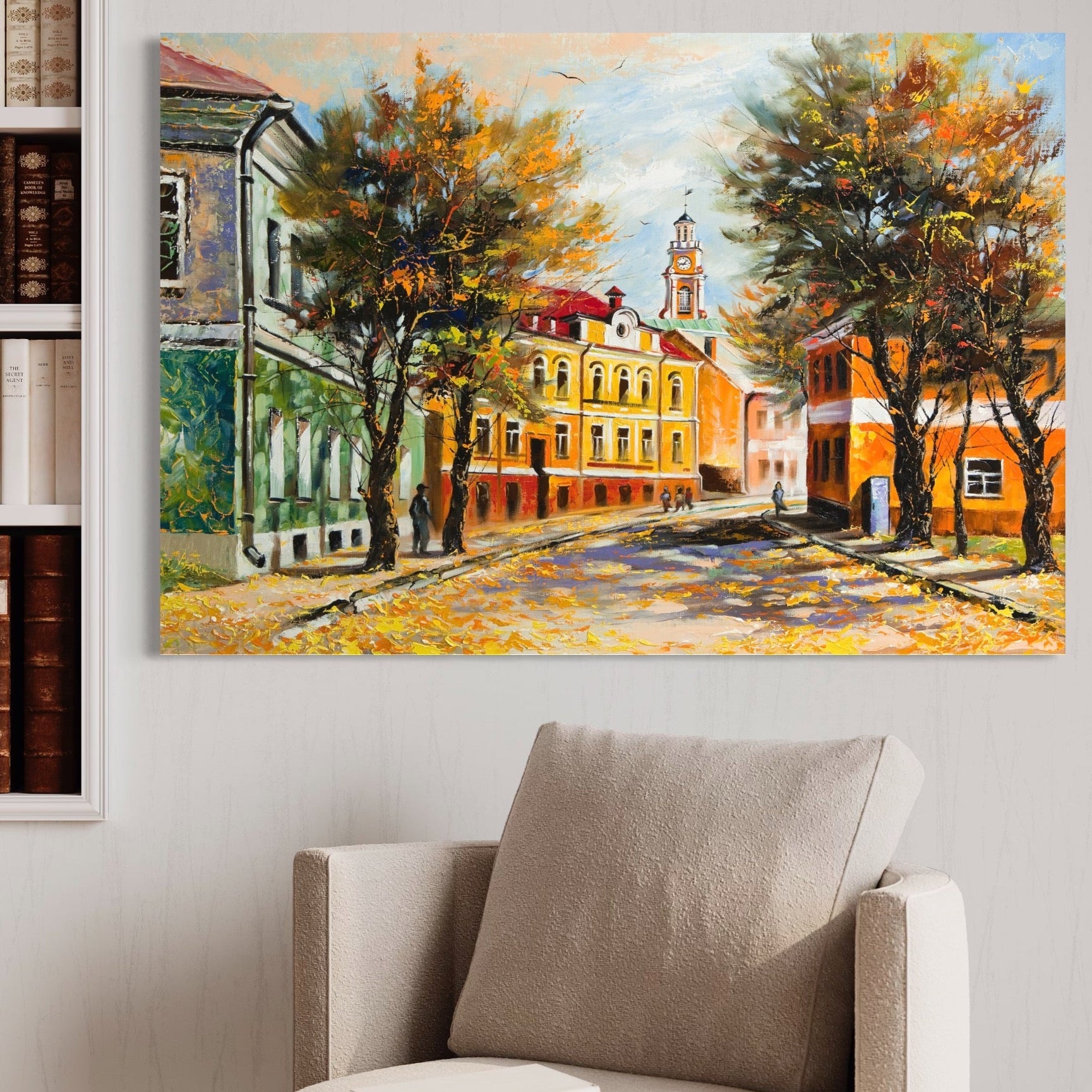 Tablou Canvas Premium LuxCanva® A1281, Oras La Ceas De Toamna, Living, Oameni, Cladiri, Strada, Dormitor, Culori Vibrante