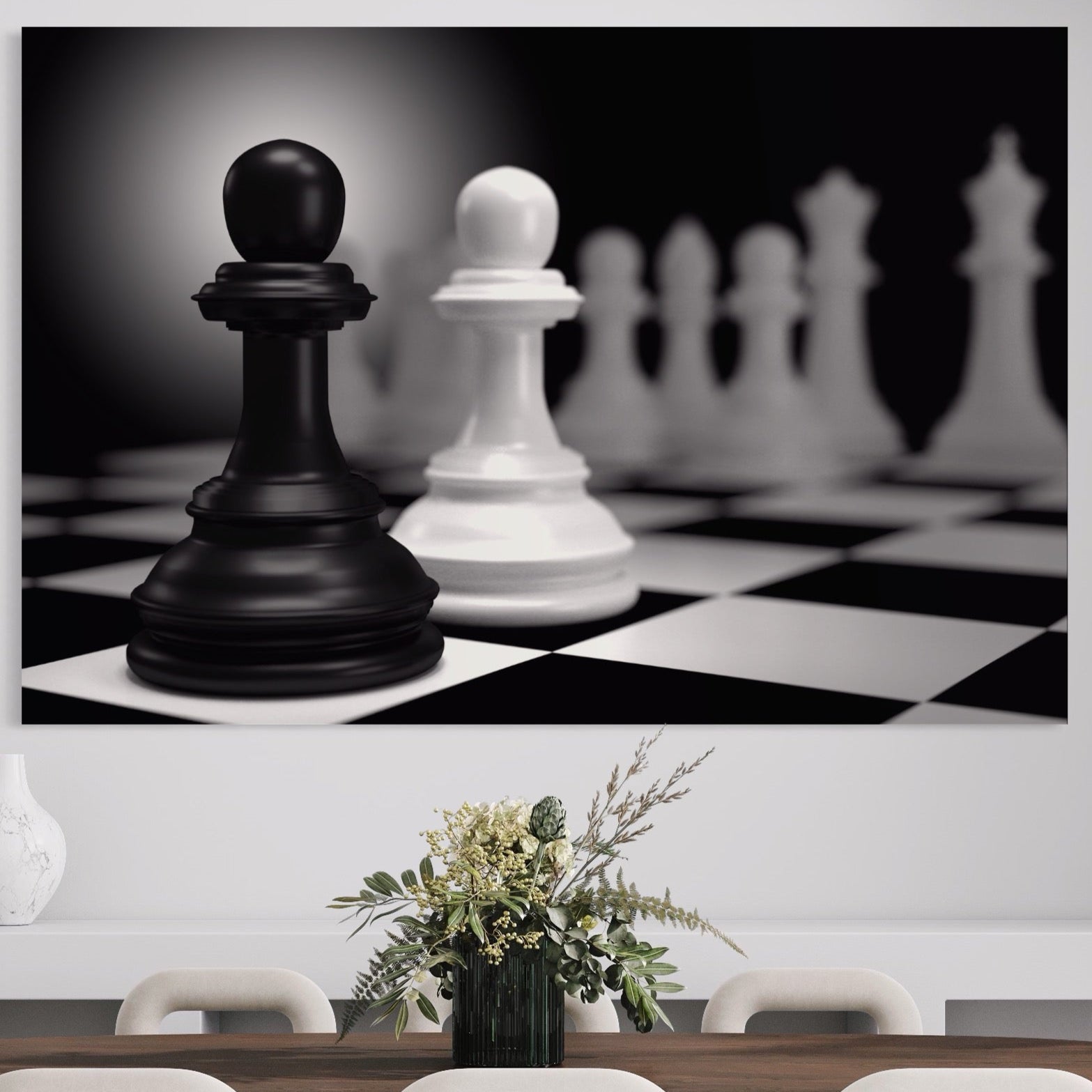 Tablou Canvas Premium LuxCanva® A1279, 2Pieces, Living, Piese Sah, Pioni, Echipa, Birou, Alb-Negru
