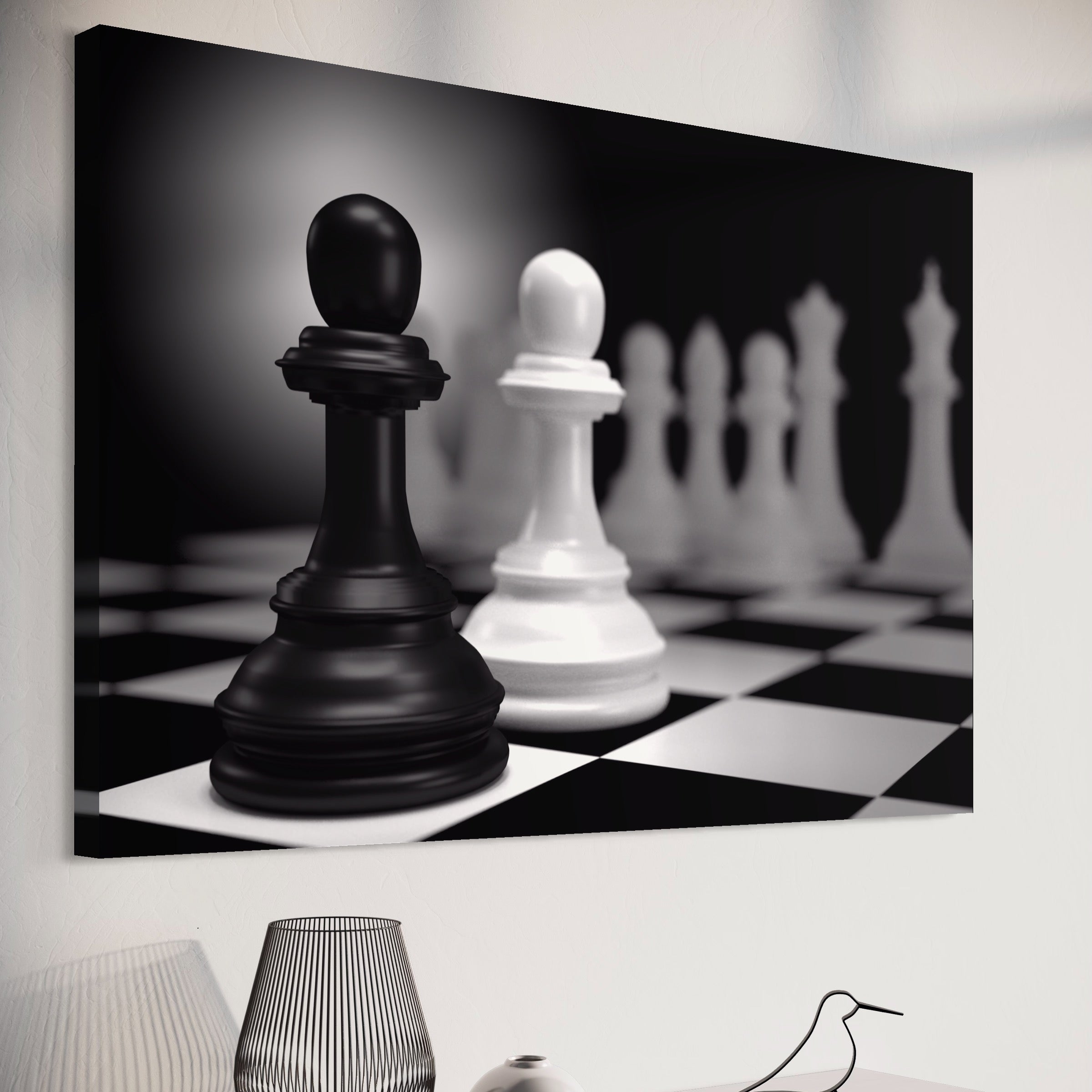 Tablou Canvas Premium LuxCanva® A1279, 2Pieces, Living, Piese Sah, Pioni, Echipa, Birou, Alb-Negru