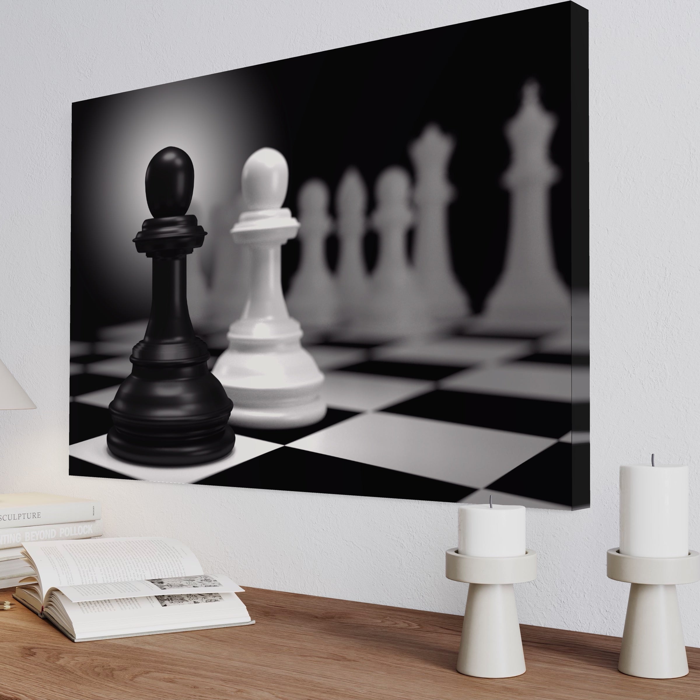 Tablou Canvas Premium LuxCanva® A1279, 2Pieces, Living, Piese Sah, Pioni, Echipa, Birou, Alb-Negru