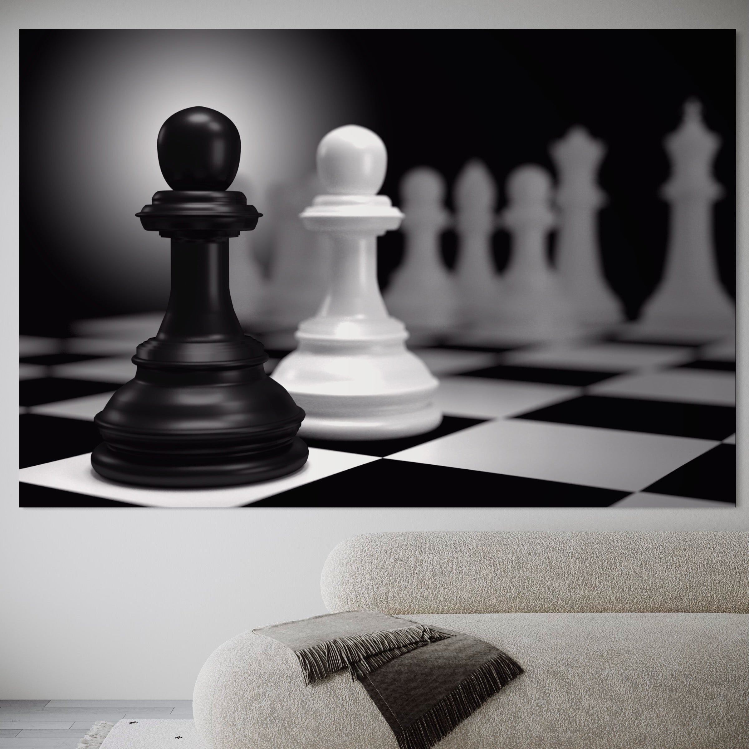 Tablou Canvas Premium LuxCanva® A1279, 2Pieces, Living, Piese Sah, Pioni, Echipa, Birou, Alb-Negru