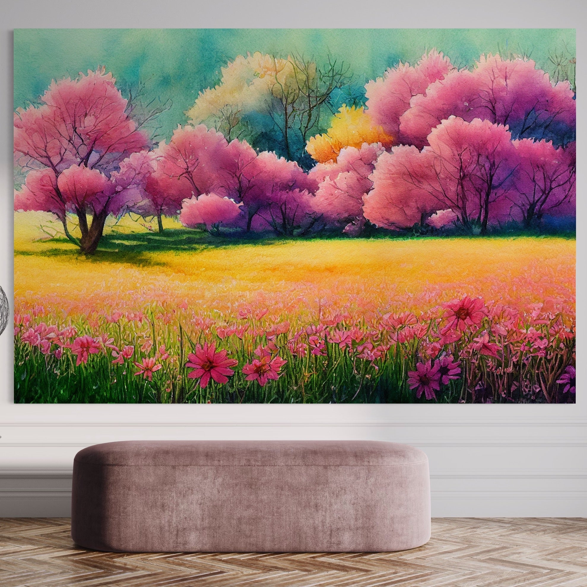 Tablou Canvas Premium LuxCanva® A1277, Copaci Roz, Living, Flori, Campie, Arbori, Cer, Dormitor, Culori Vibrante