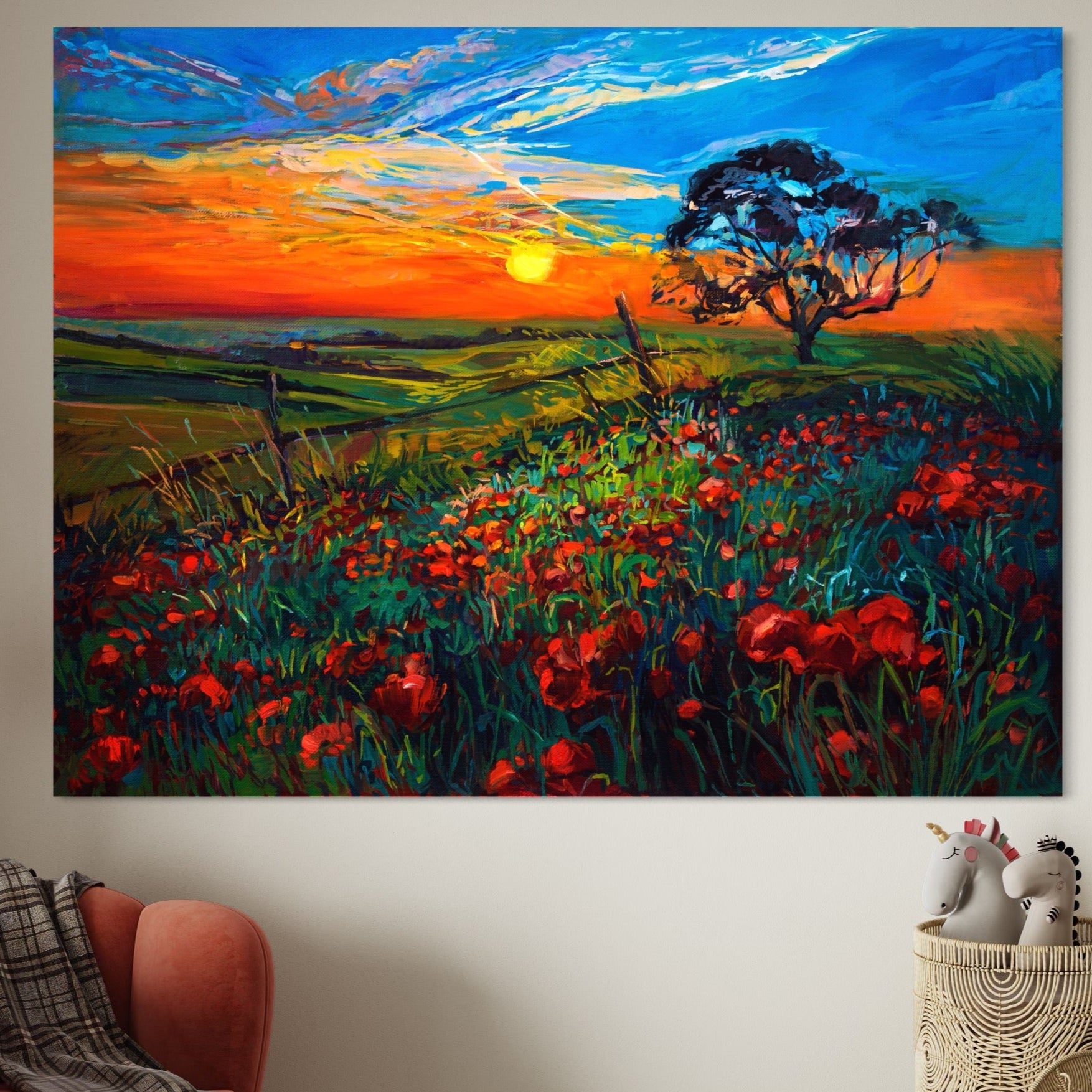 Tablou Canvas Premium LuxCanva® A1276, Flori La Apus, Living, Maci, Soare, Cer, Camp, Dormitor, Culori Vibrante