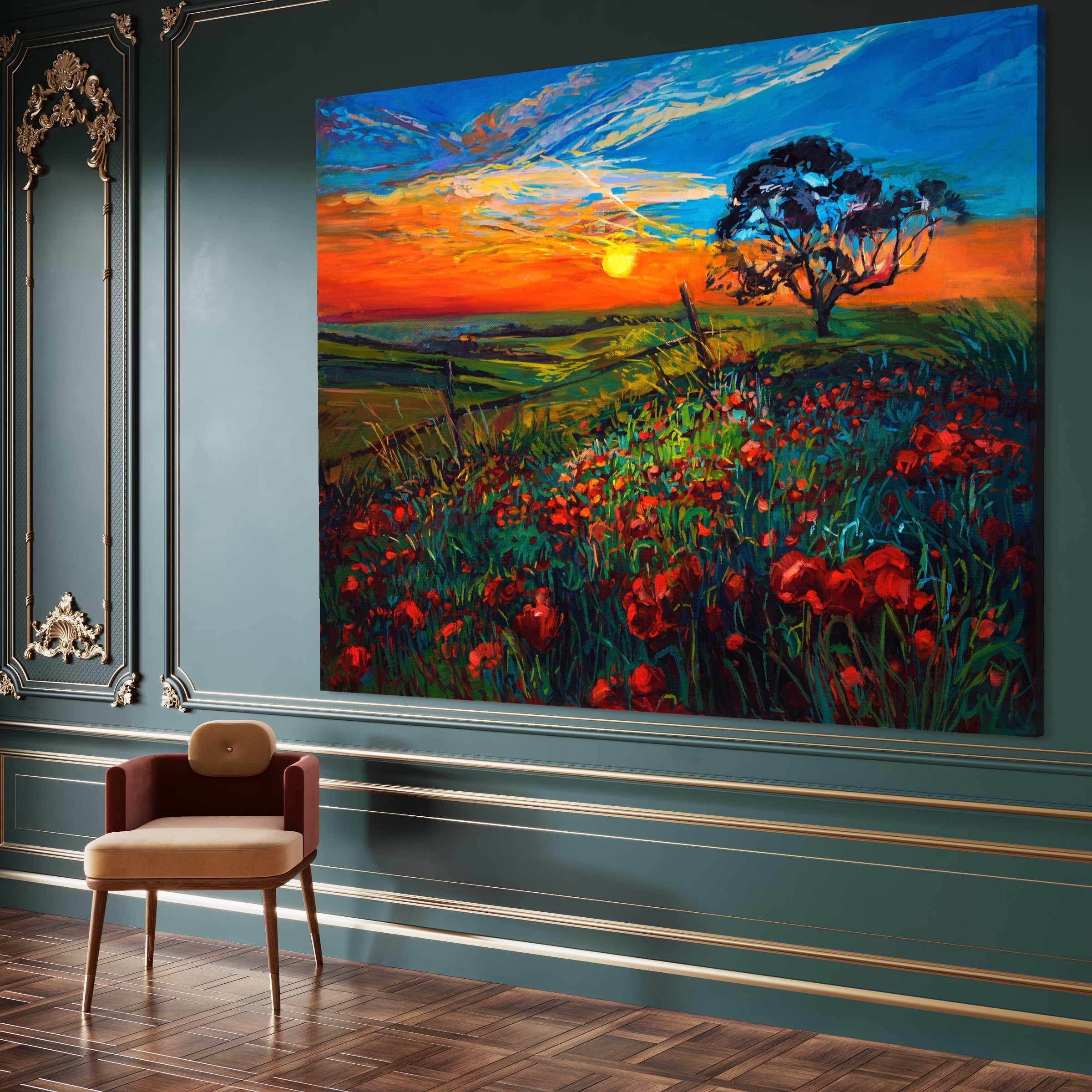 Tablou Canvas Premium LuxCanva® A1276, Flori La Apus, Living, Maci, Soare, Cer, Camp, Dormitor, Culori Vibrante