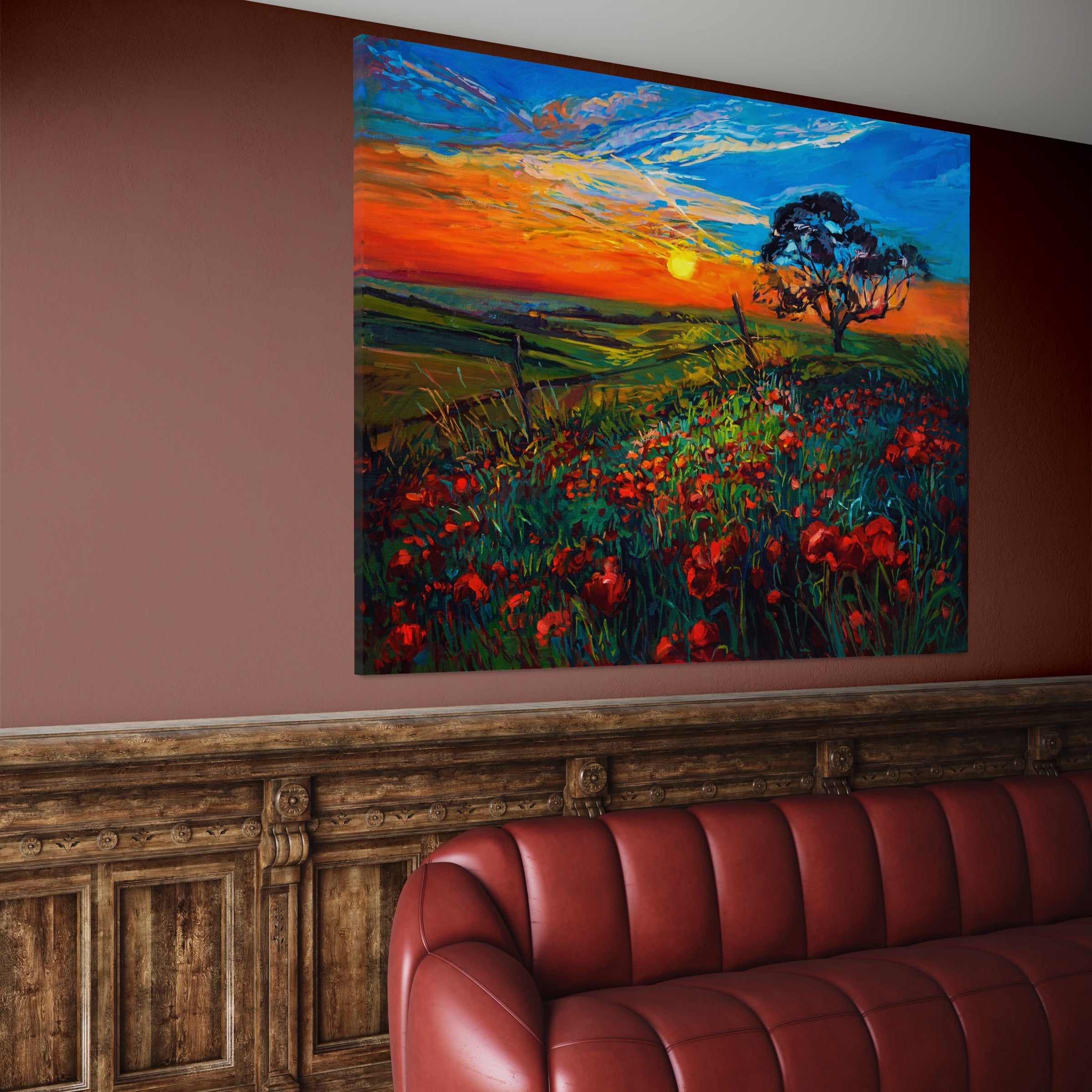 Tablou Canvas Premium LuxCanva® A1276, Flori La Apus, Living, Maci, Soare, Cer, Camp, Dormitor, Culori Vibrante