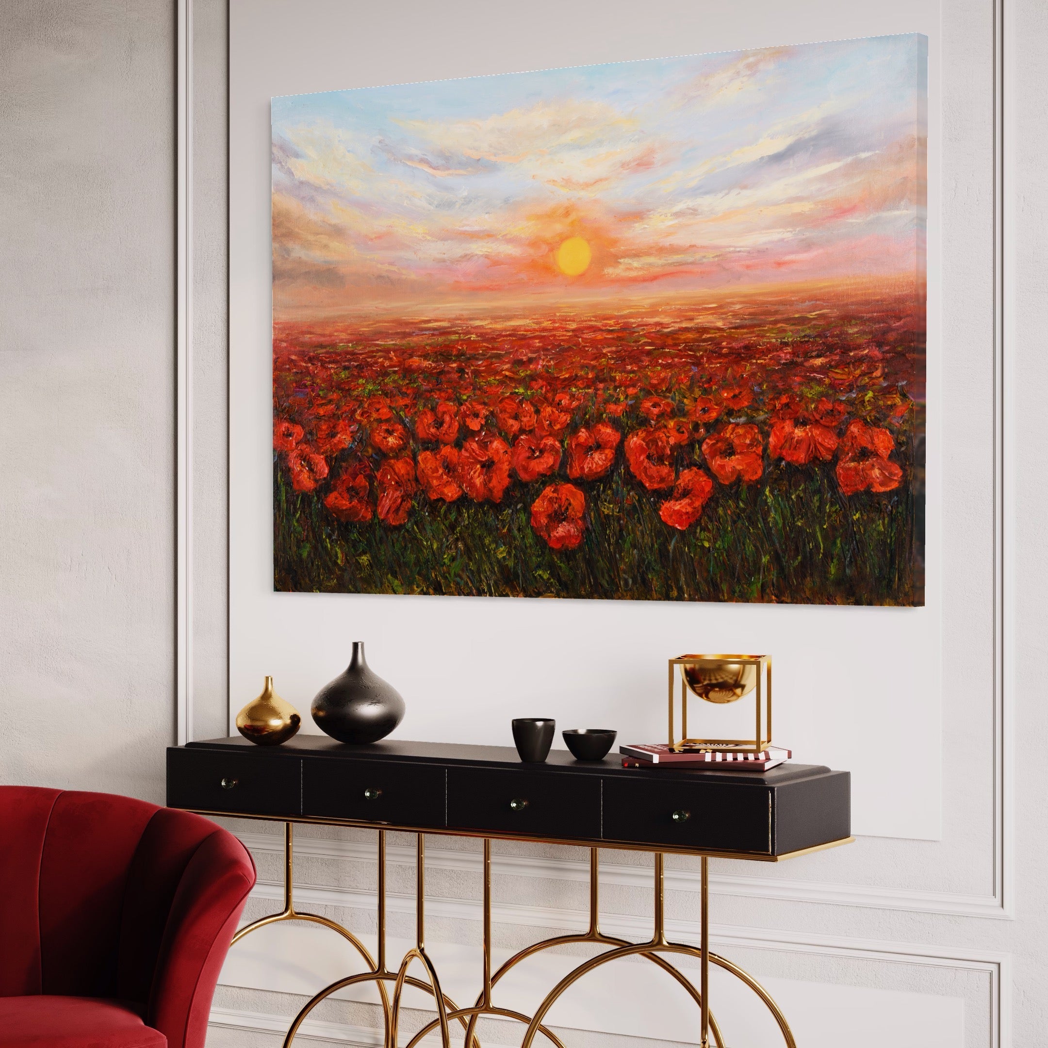 Tablou Canvas Premium LuxCanva® A1275, Campul Cu Maci, Living, Flori, Soare, Cer, Camp, Dormitor, Culori Vibrante
