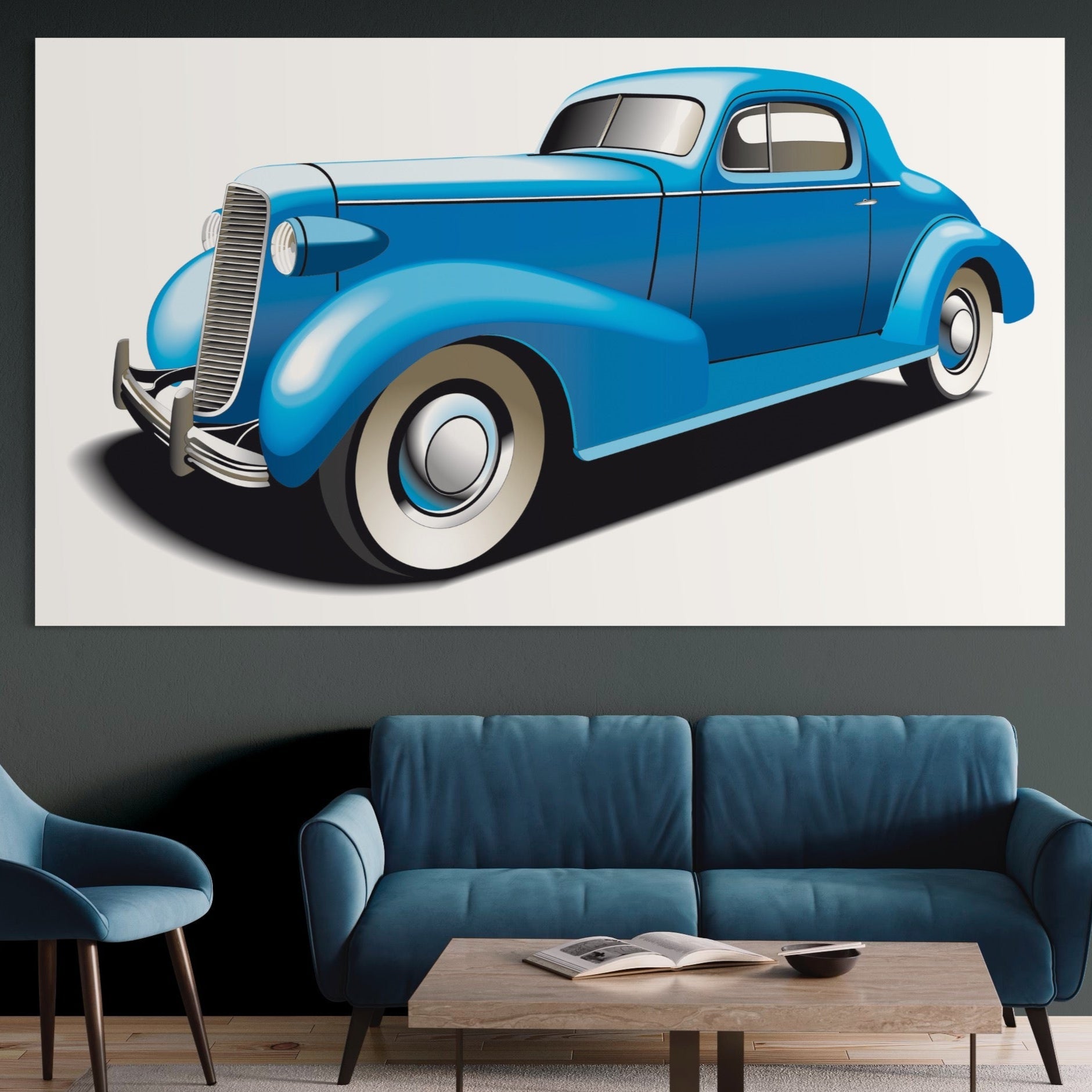 Tablou Canvas Premium LuxCanva® A1273, Blue Old Car, Camera Copil, Masina De Epoca, Albastru, Dormitor, Culori Vibrante