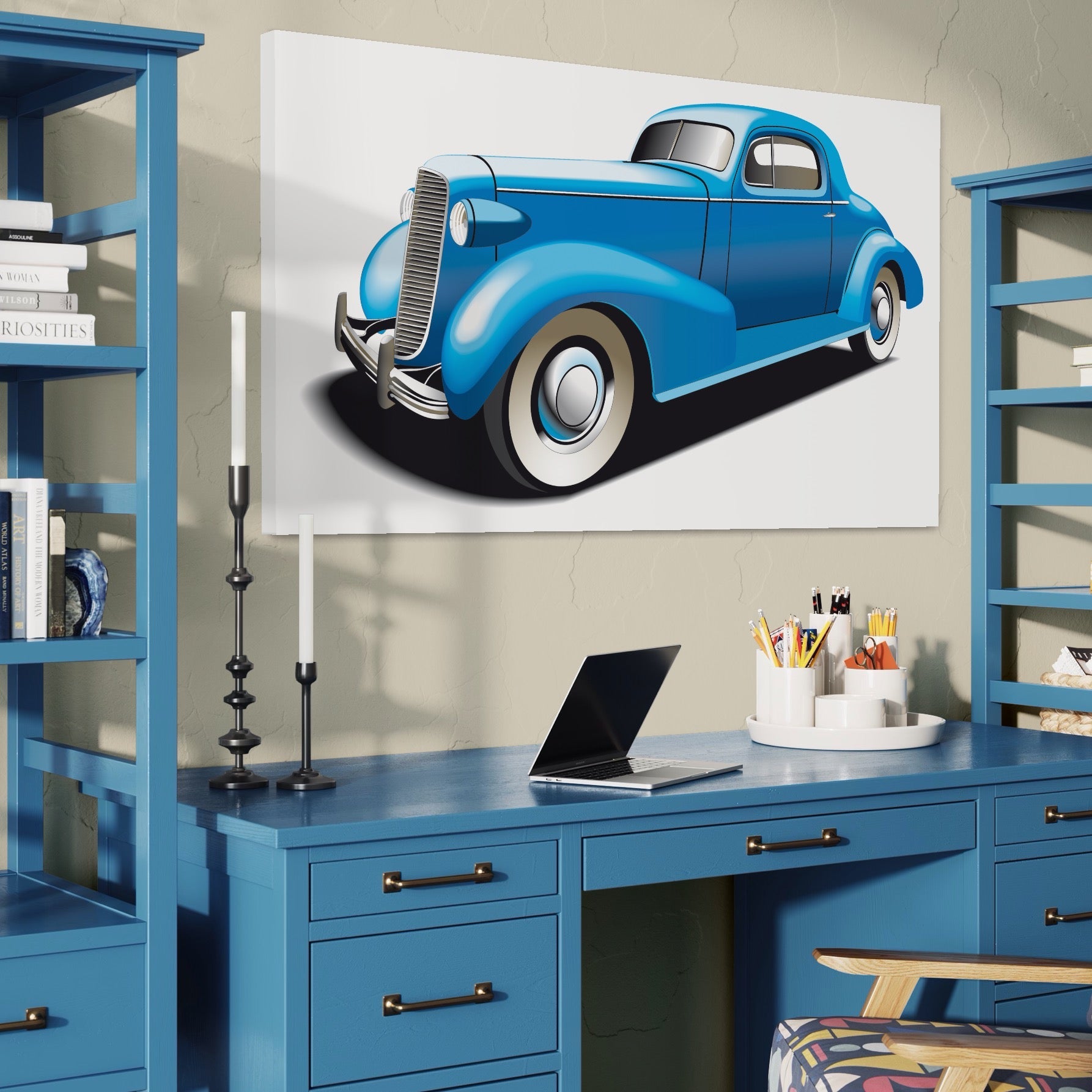 Tablou Canvas Premium LuxCanva® A1273, Blue Old Car, Camera Copil, Masina De Epoca, Albastru, Dormitor, Culori Vibrante