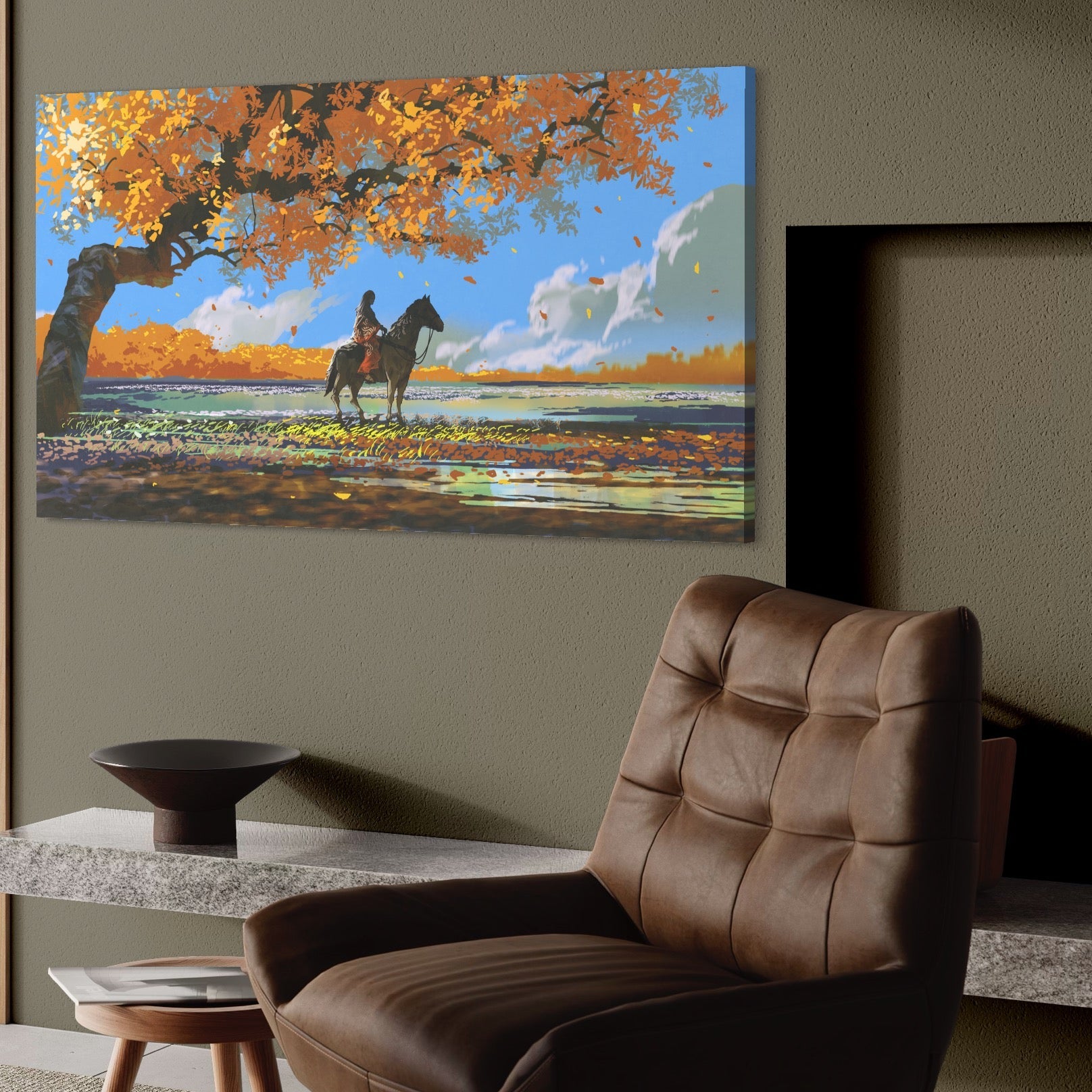 Tablou Canvas Premium LuxCanva® A1270, Girl With Horse, Cal, Copac, Frunze, Fata, Dormitor, Culori Vibrante