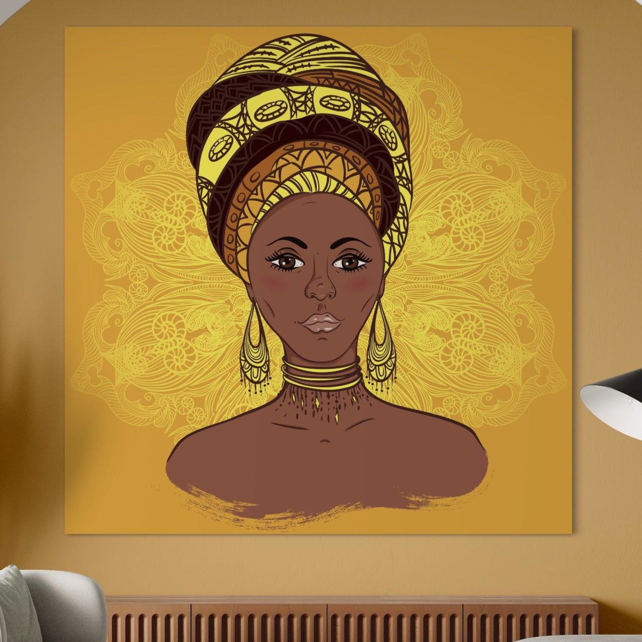 Tablou Canvas Premium LuxCanva® A1269, African Girl, Femeie, Auriu, Turban African, Dressing, Culori Vibrante