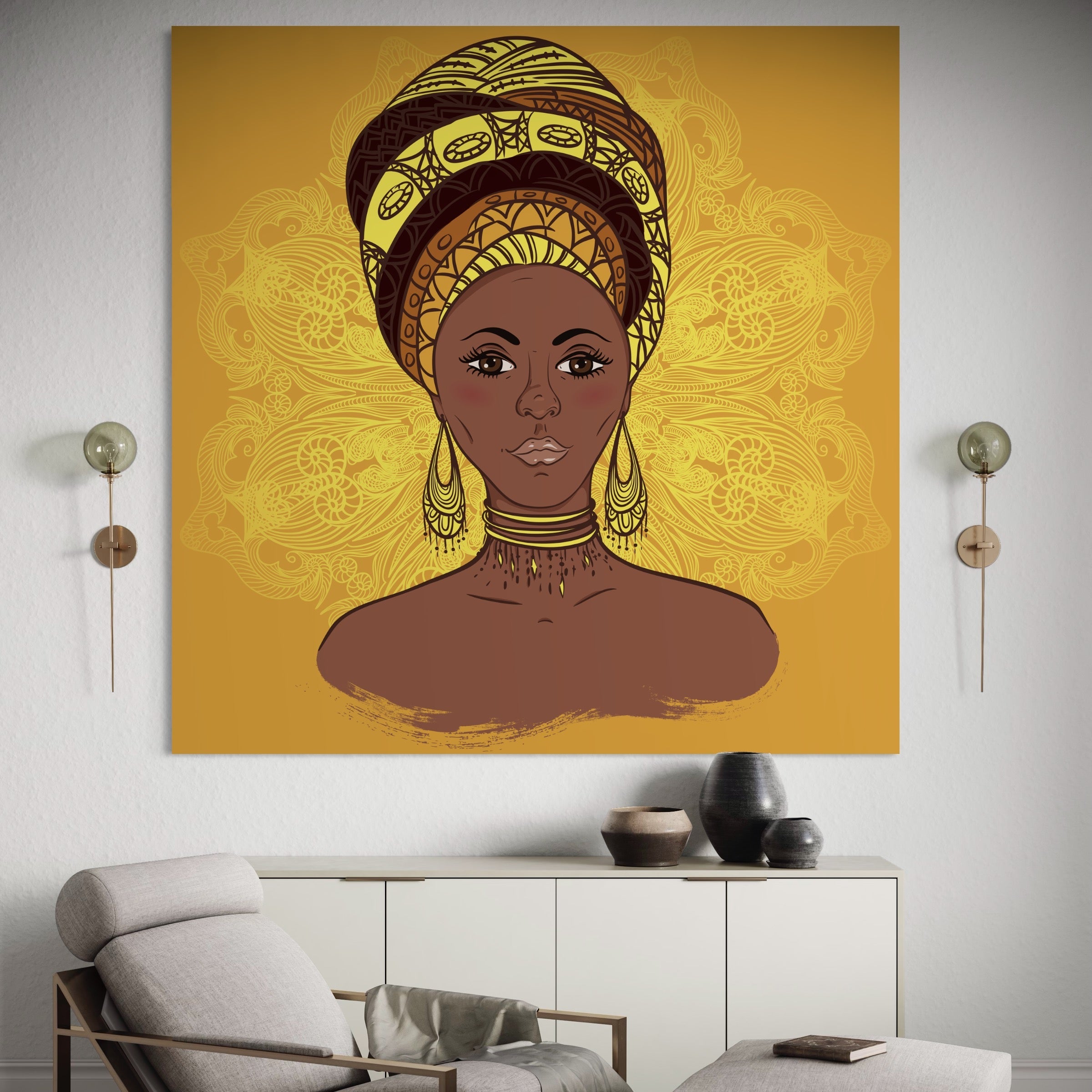 Tablou Canvas Premium LuxCanva® A1269, African Girl, Femeie, Auriu, Turban African, Dressing, Culori Vibrante