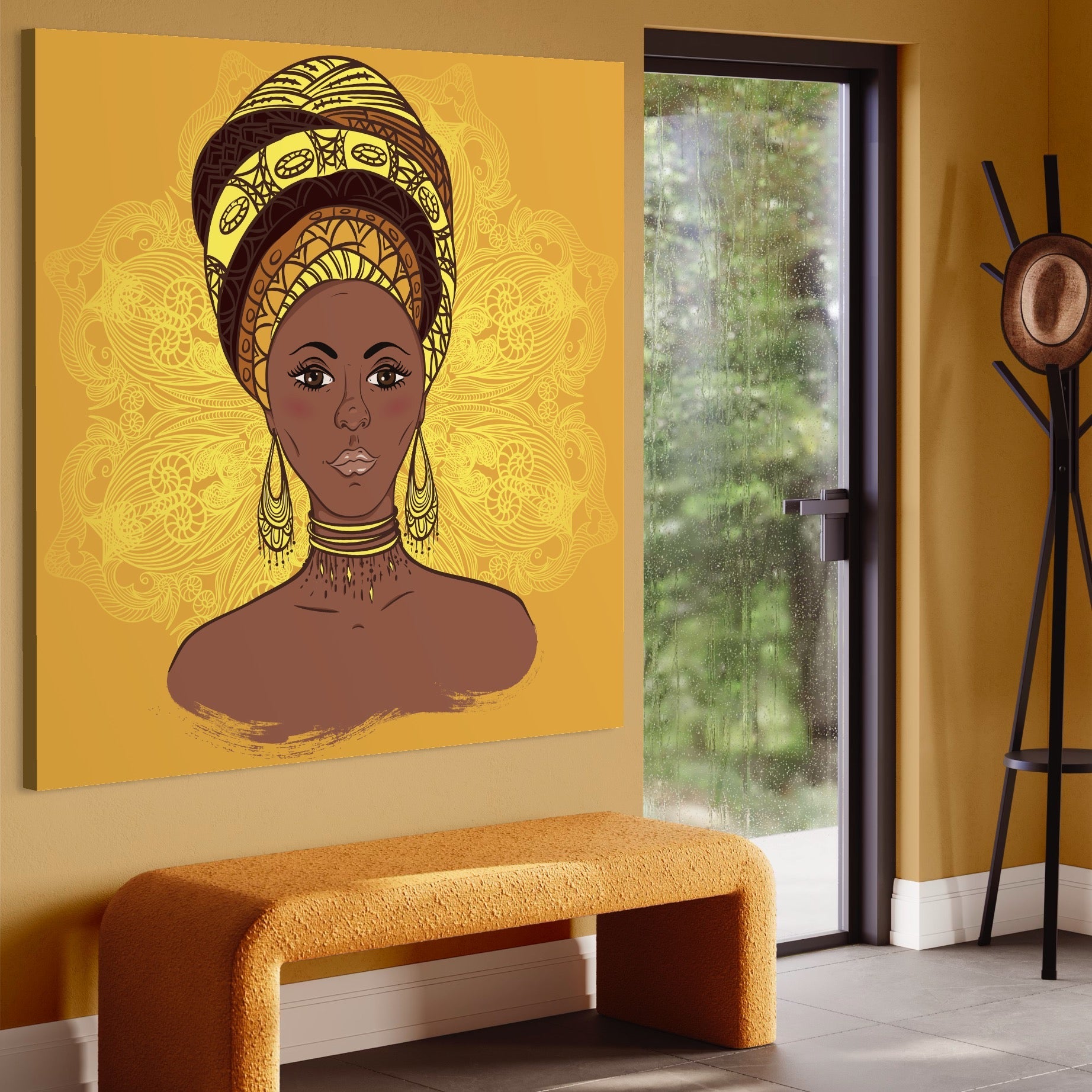 Tablou Canvas Premium LuxCanva® A1269, African Girl, Femeie, Auriu, Turban African, Dressing, Culori Vibrante