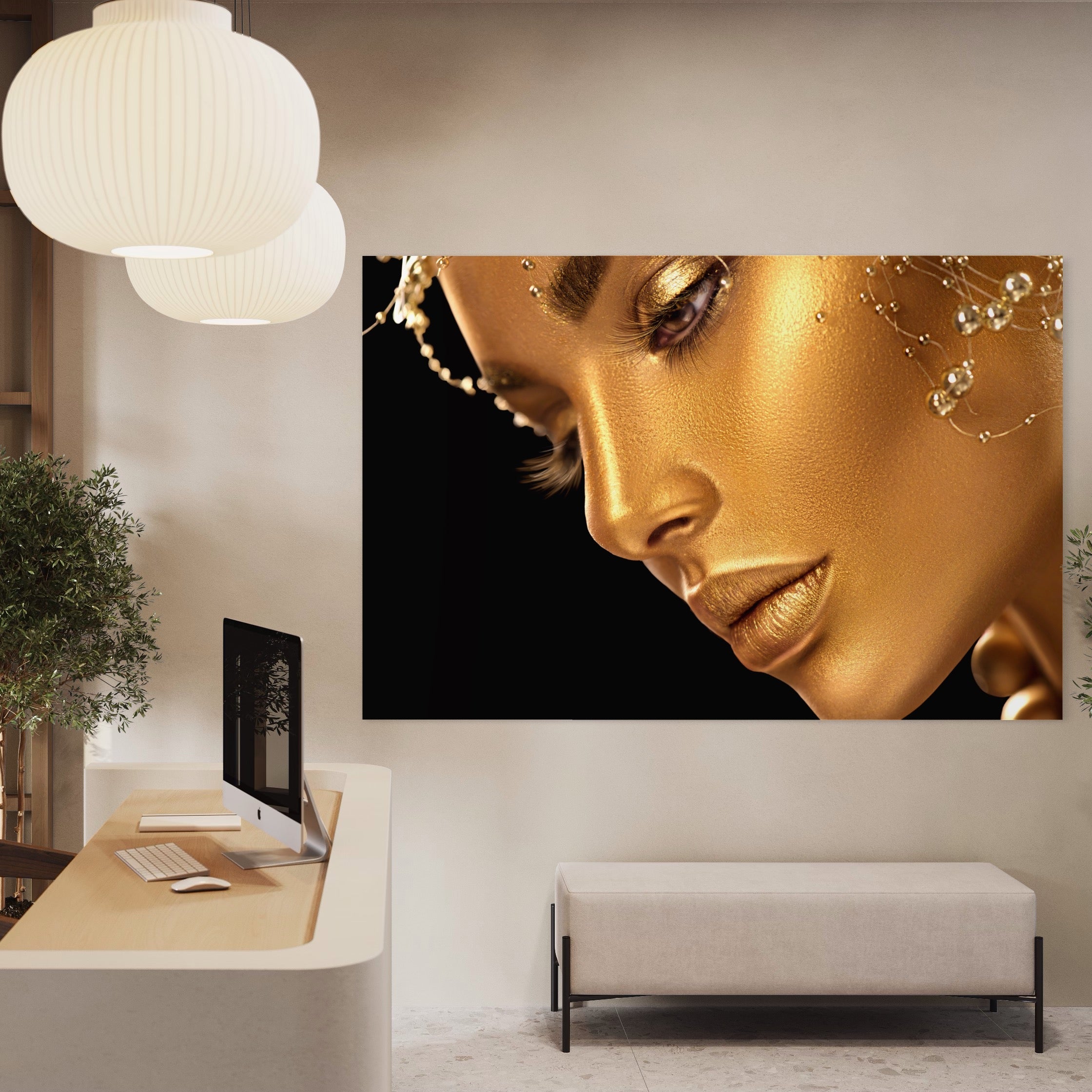 Tablou Canvas Premium LuxCanva® A1268, Beautiful Woman, Femeie, Auriu, Fumusete, Dressing, Culori Vibrante