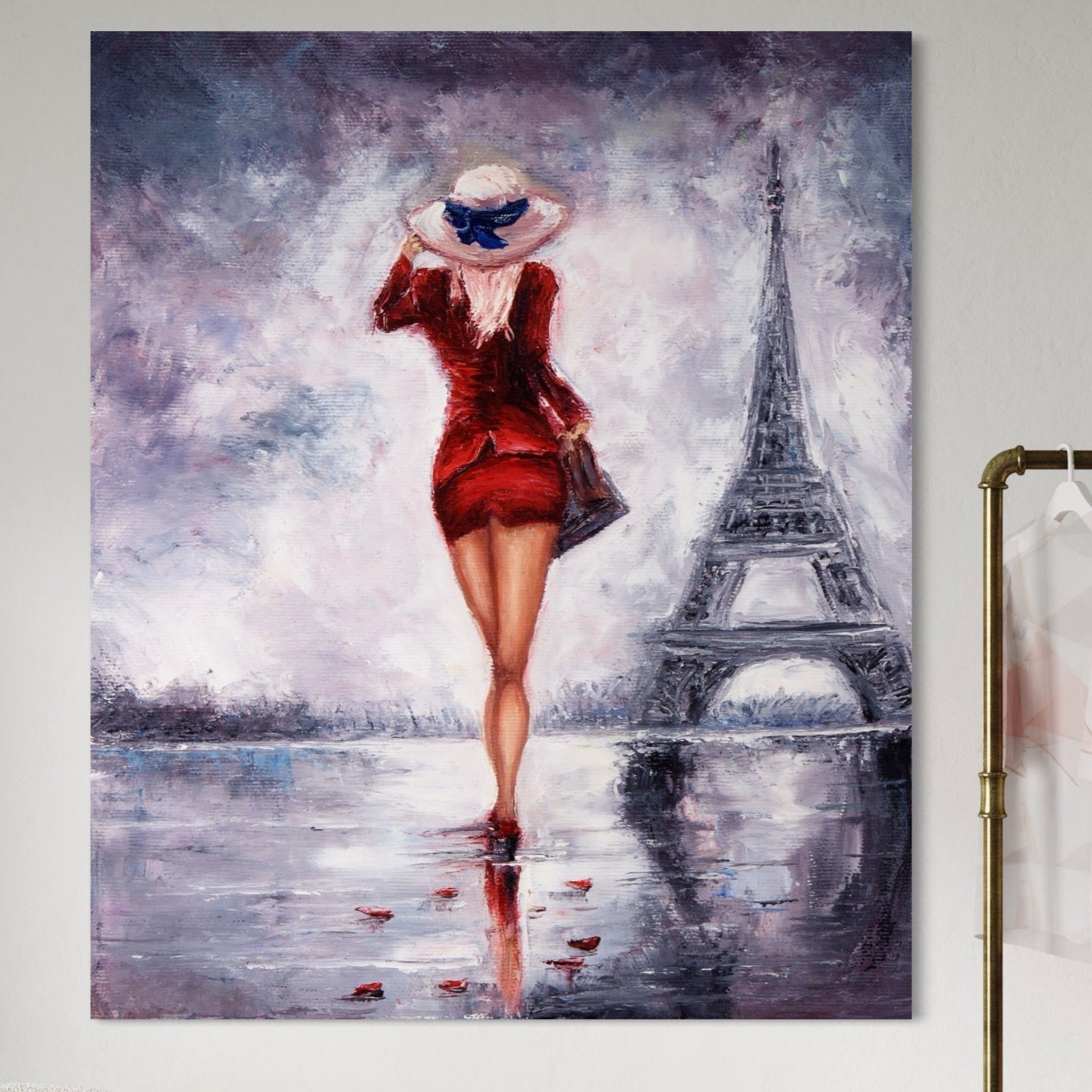 Tablou Canvas Premium LuxCanva® A1267, Lady In Paris, Femeie, Turnul Eiffel, Rochie Rosie, Dormitor, Culori Vibrante