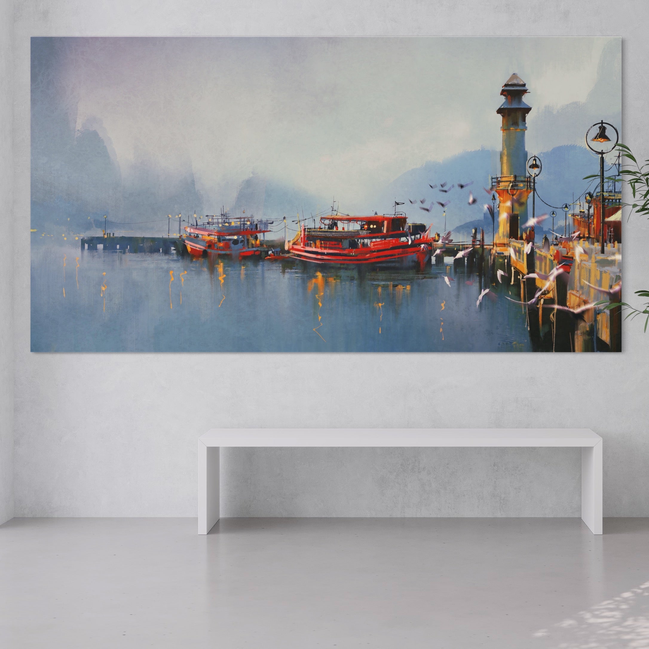 Tablou Canvas Premium LuxCanva® A1263, Red Boats, Port, Barci, Far, Mare, Dormitor, Culori Vibrante