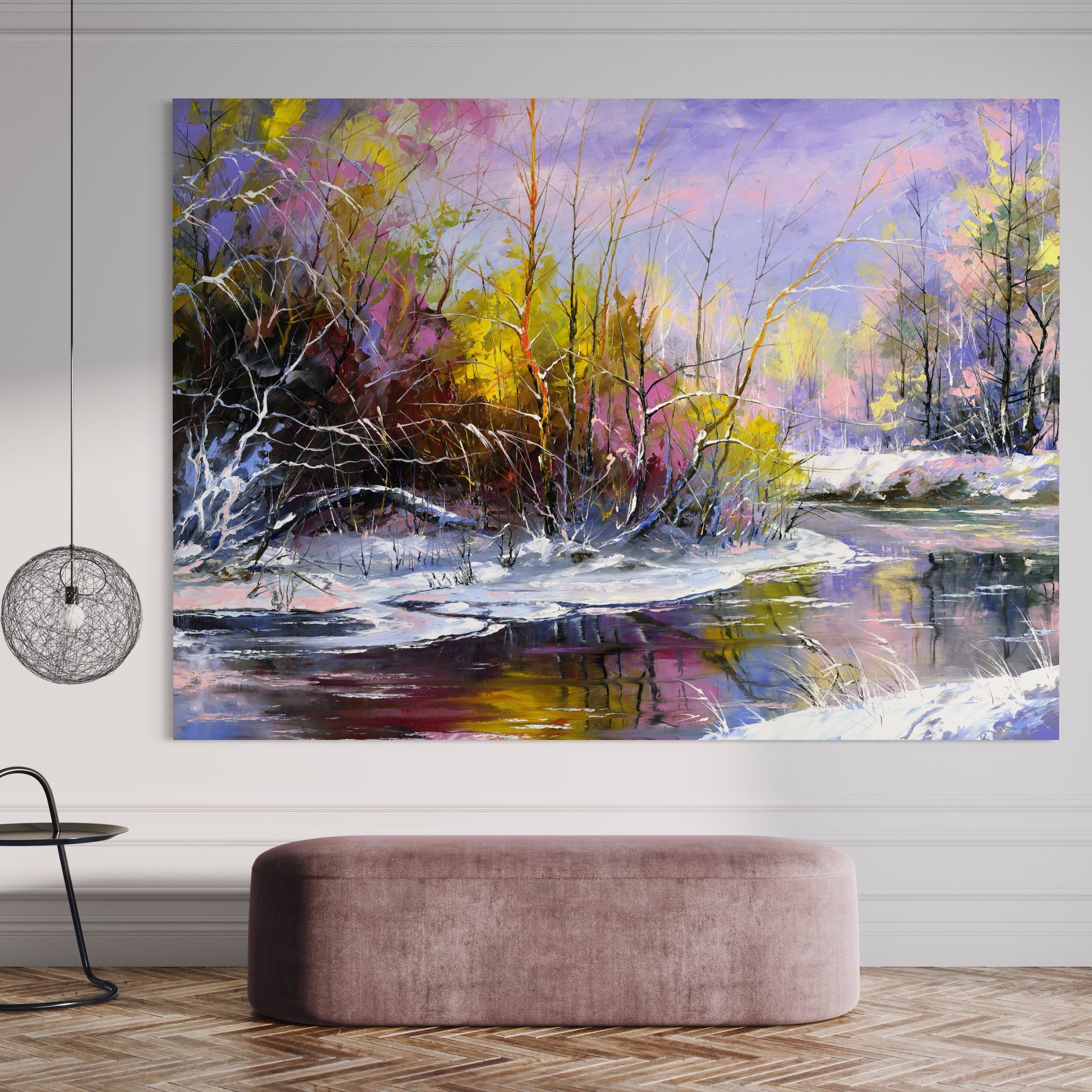 Tablou Canvas Premium LuxCanva® A1261, Purple Winter, Iarna, Zapada, Copaci, Lac, Culori Vibrante