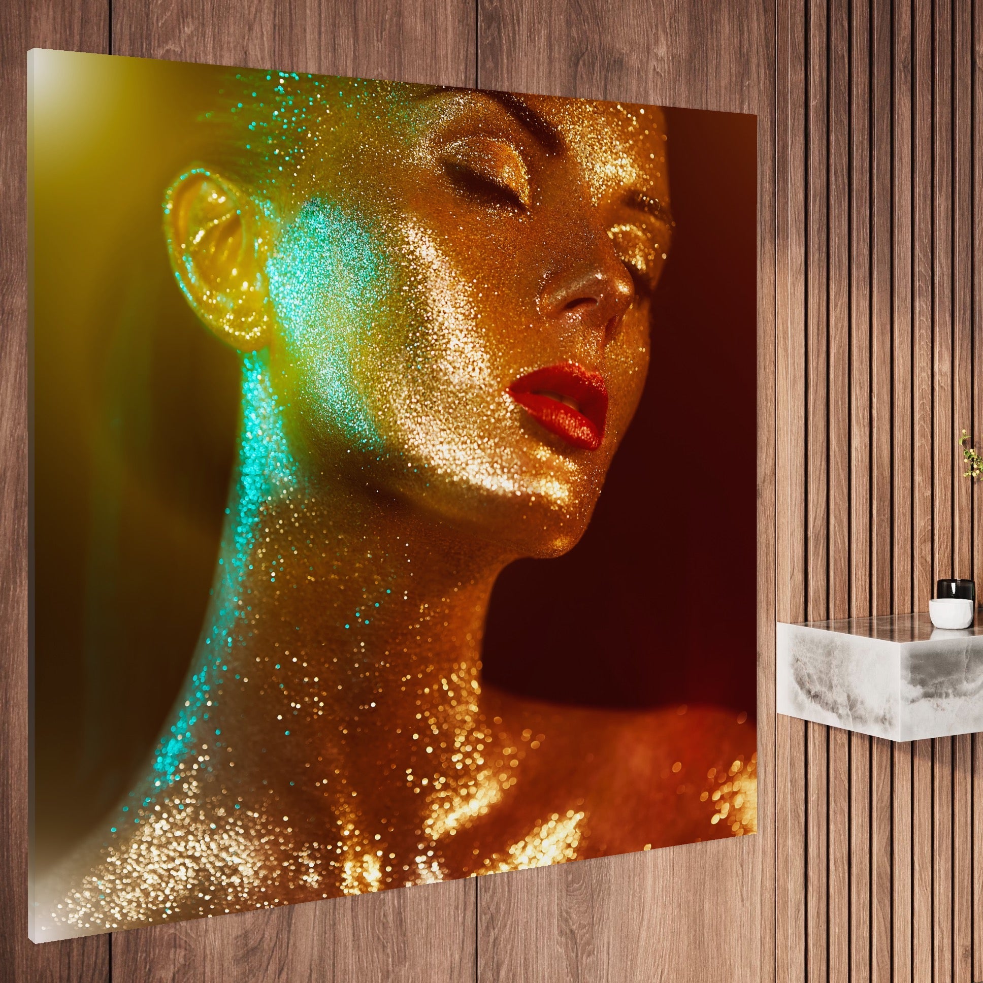 Tablou Canvas Premium LuxCanva® A1257, Girl With Glitter, Dressing, Sclipici, Auriu, Femeie, Dormitor, Culori Vibrante