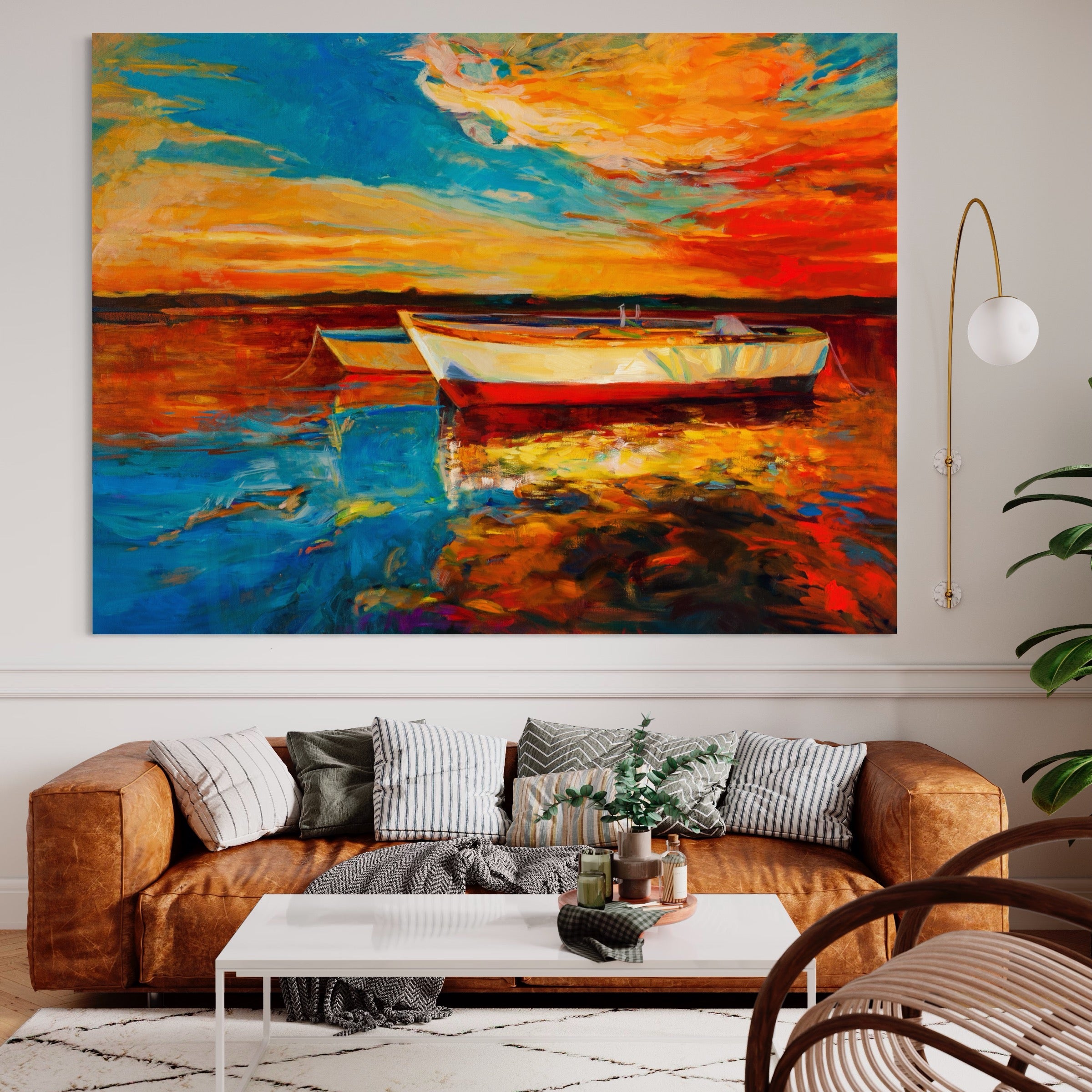 Tablou Canvas Premium LuxCanva® A1251, Apus Pe Mare, Decorativ, Living, Barci, Apa, Portocaliu, Cer, Dormitor, Culori Vibrante